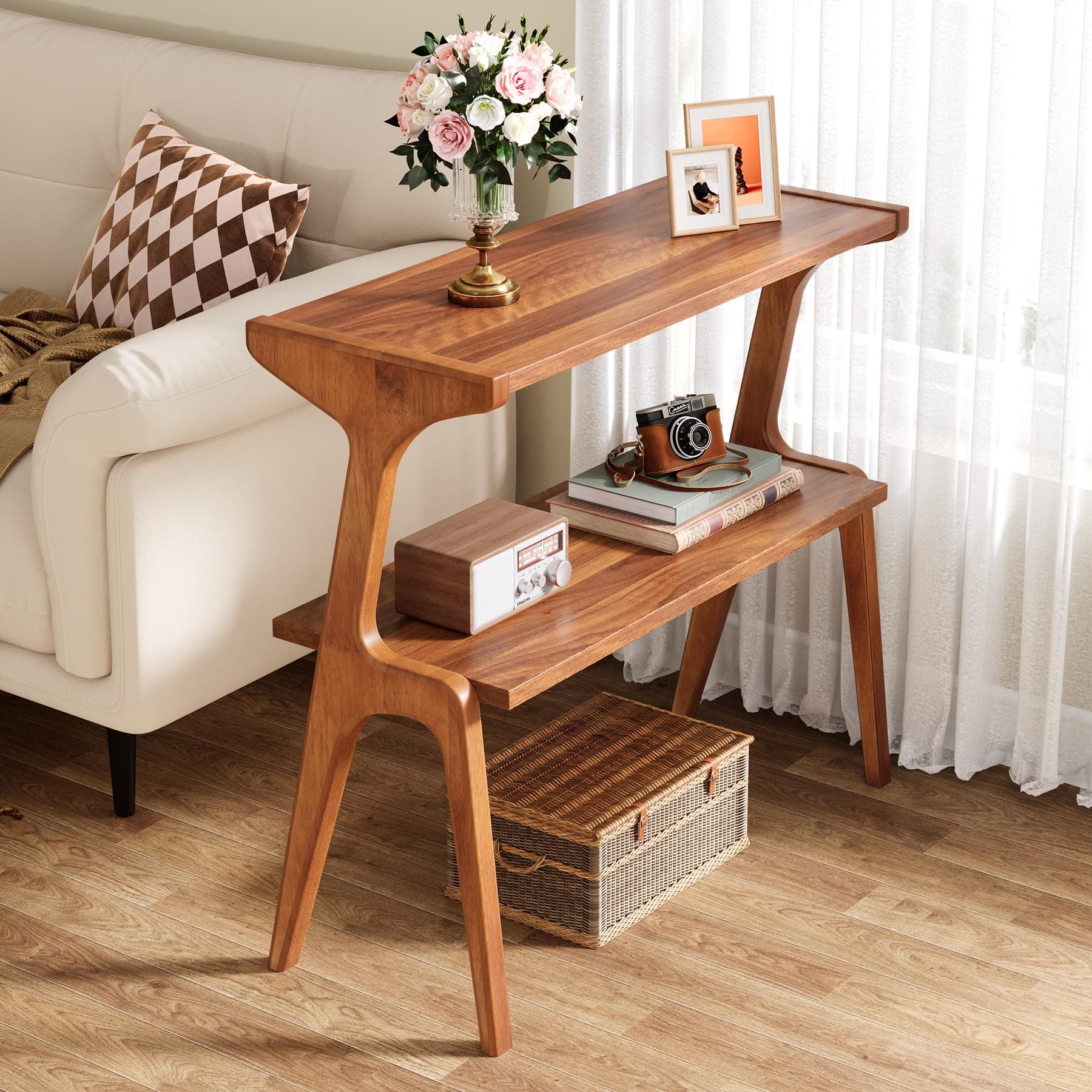 Tribesigns Walnut Narrow End Table with Storage, 2-Tier Living Room Side Table
