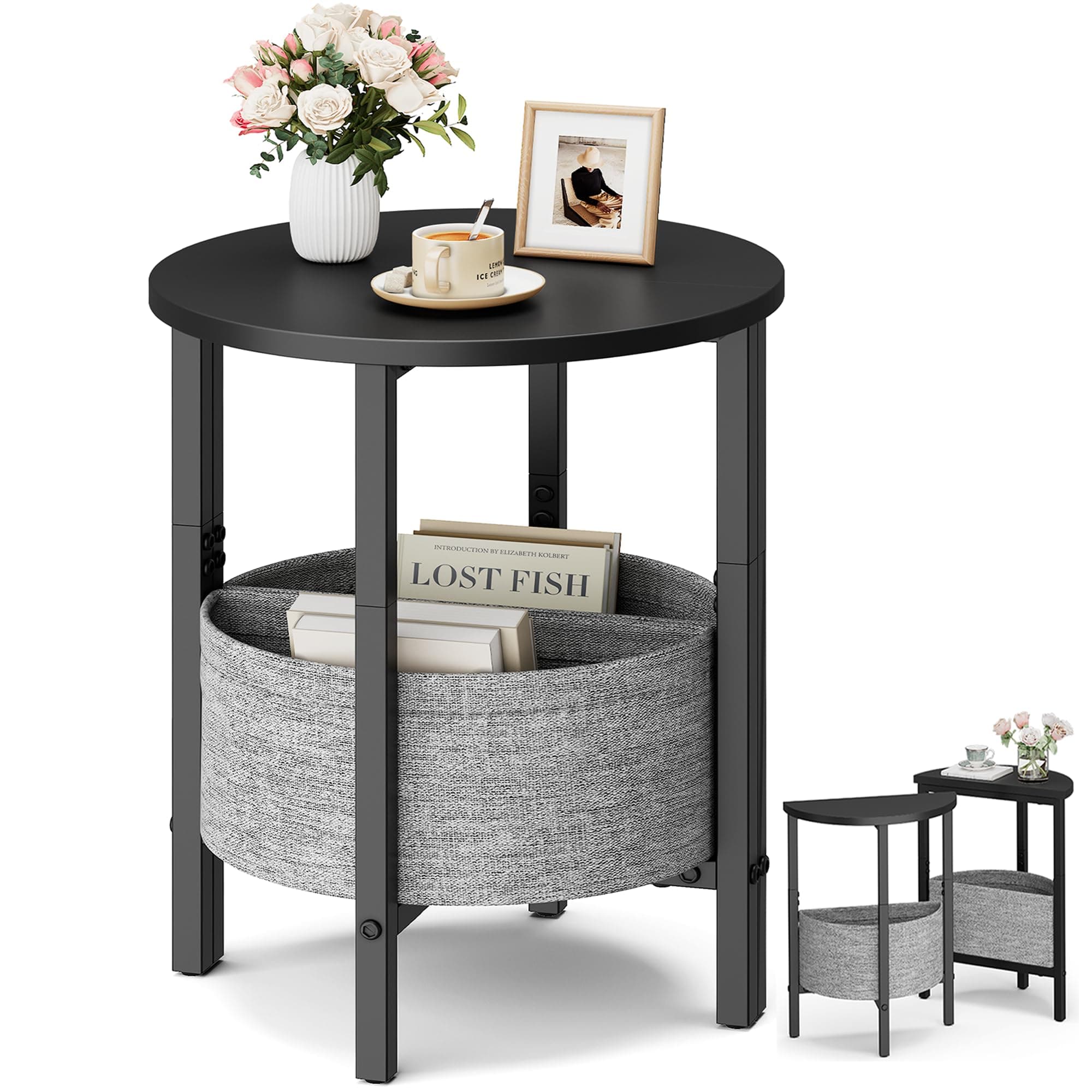 Vagusicc Small Round End Table with Fabric Basket, Set of 2