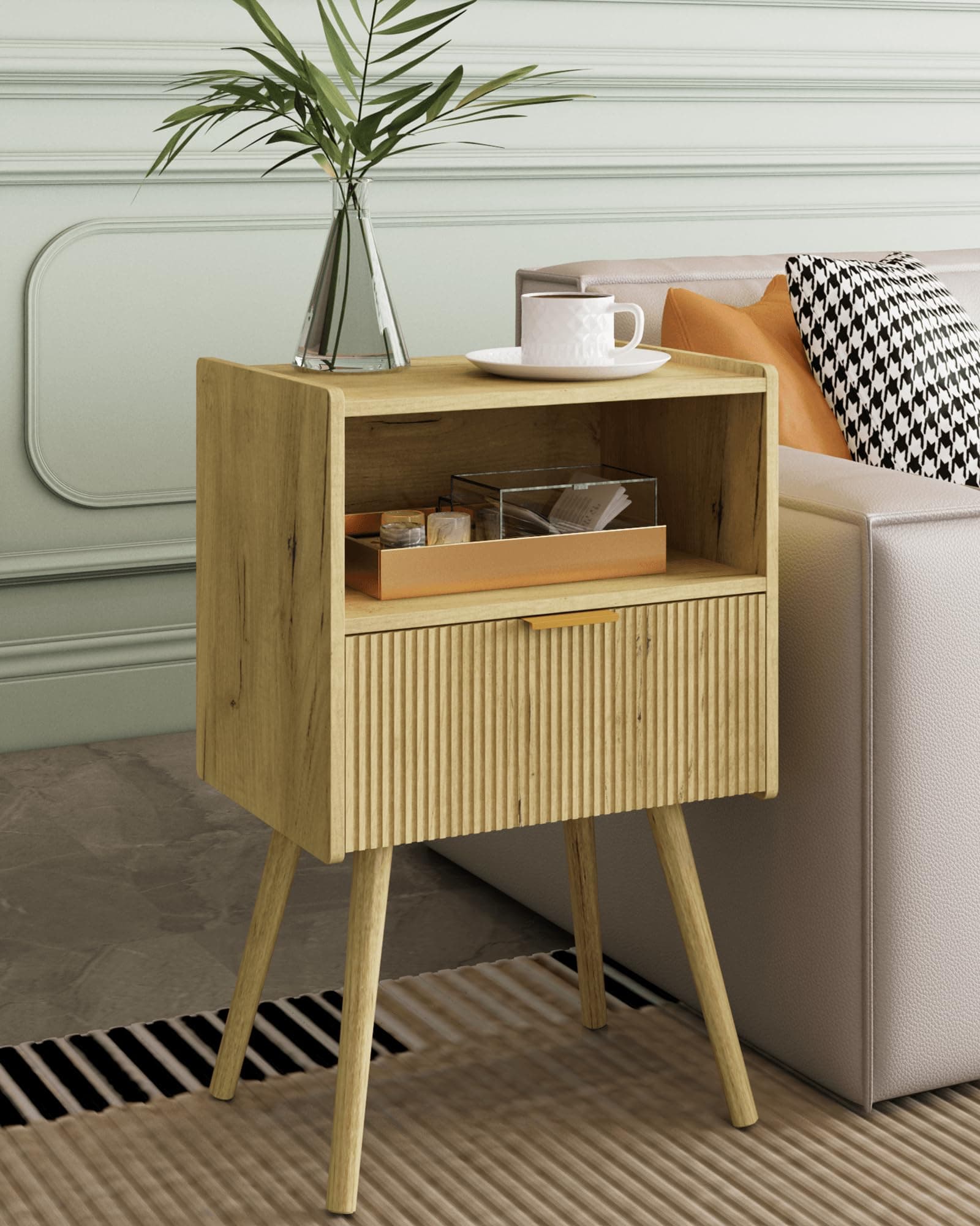 Yellow Oak Modern Nightstand with Storage Drawer & Wood Shelf