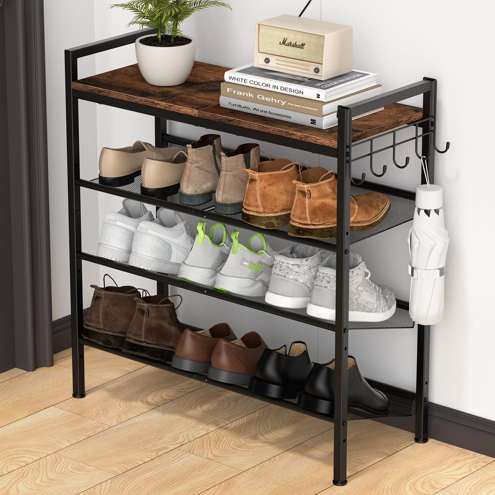 Height-Adjustable 4-Tier Metal Shoe Rack with Steel Frame and Hook, Sturdy Wooden Top