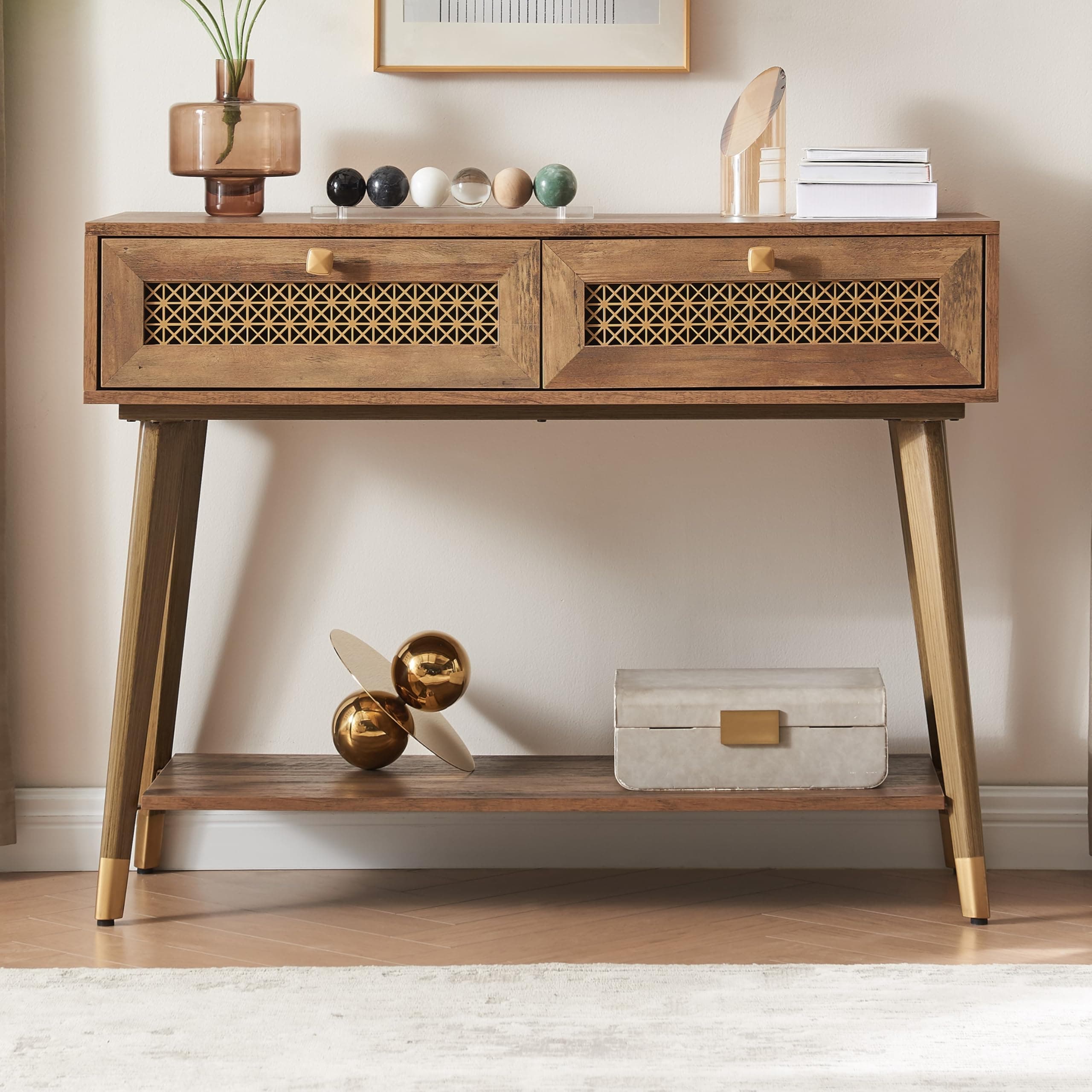 Rustic Oak Narrow Sofa Table with Drawers & Shelf, Modern Living Room Console
