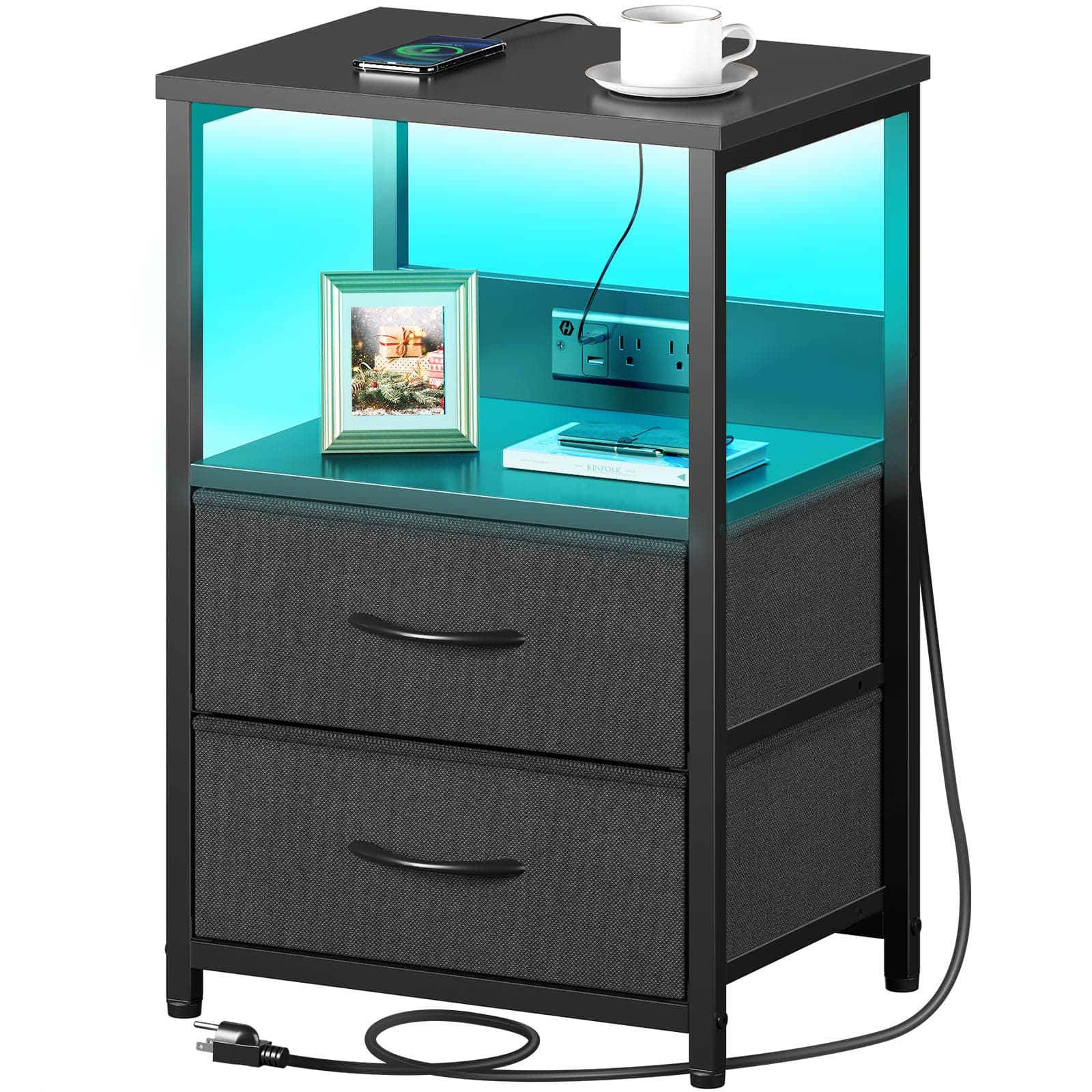 Seventable Black Nightstand with Charging & LED Lights, 3-Tier Storagedrawer