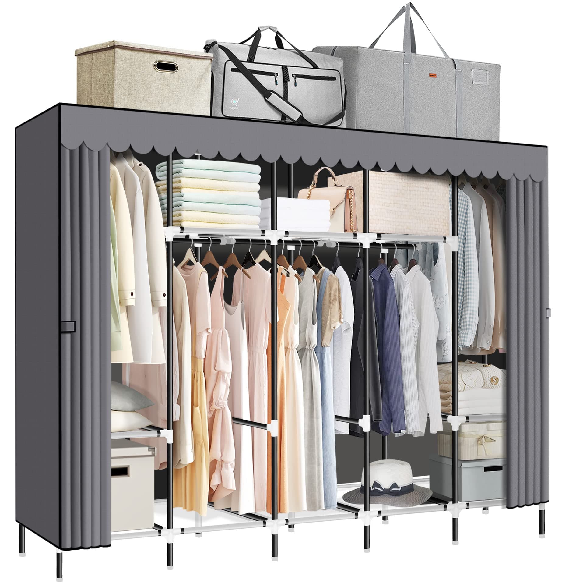 Lokeme 82-Inch Portable Closet with 5 Hanging & 10 Shelves, Sturdy Steel Frame & Easy Assembly, Grey