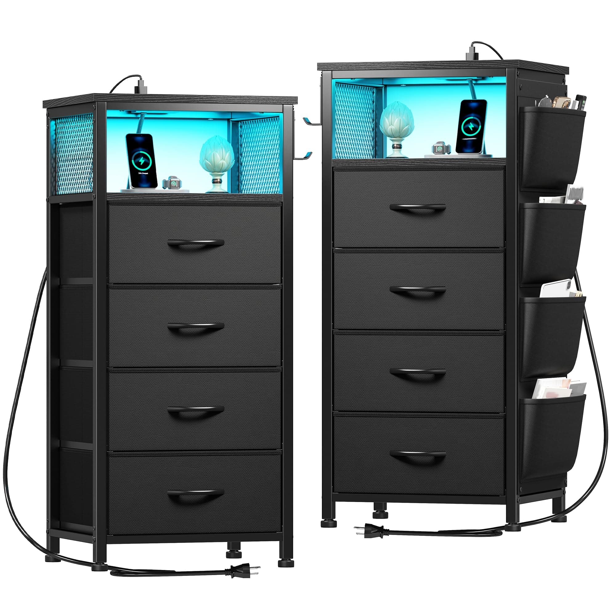 EnHome Black Nightstand Set of 2 with Charging & Storage