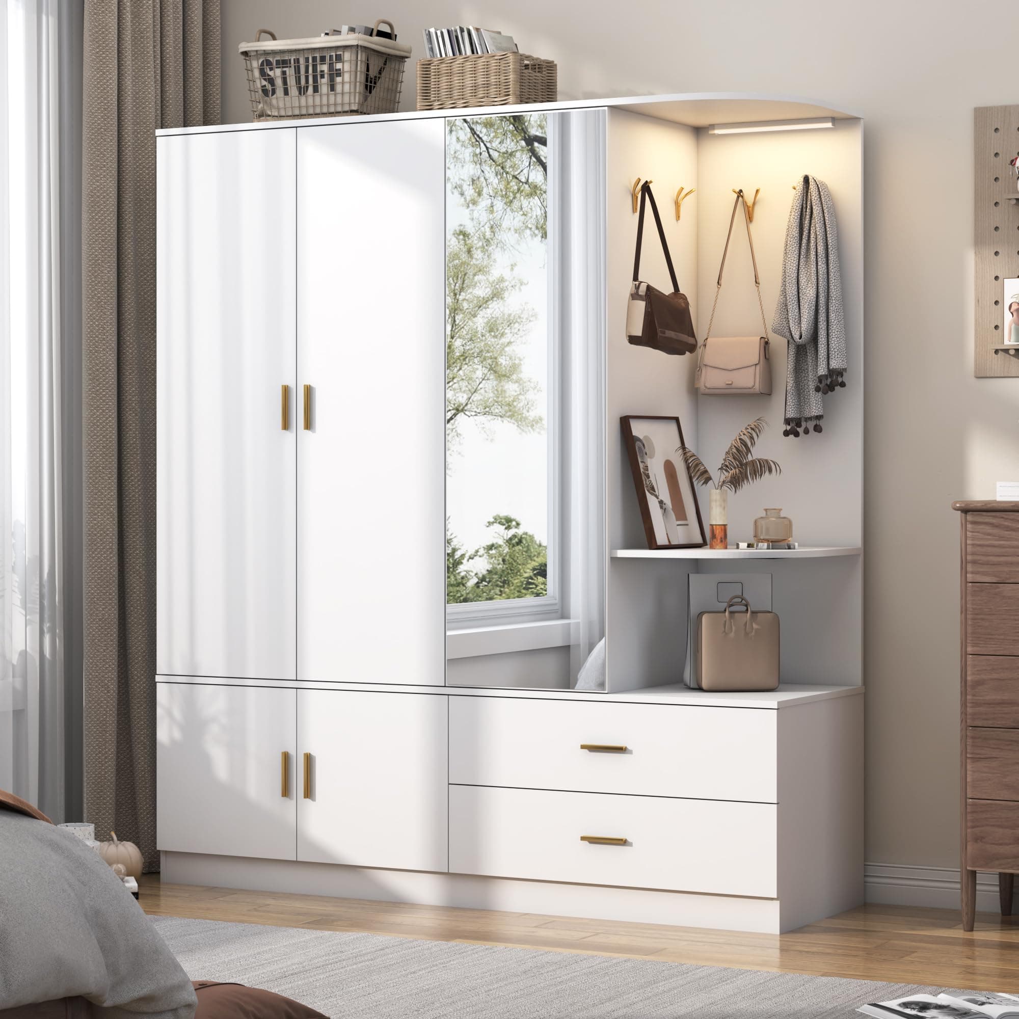 XVD Modern White Wardrobe Closet with Mirror & Sensor Light, 5 Doors & 2 Drawers