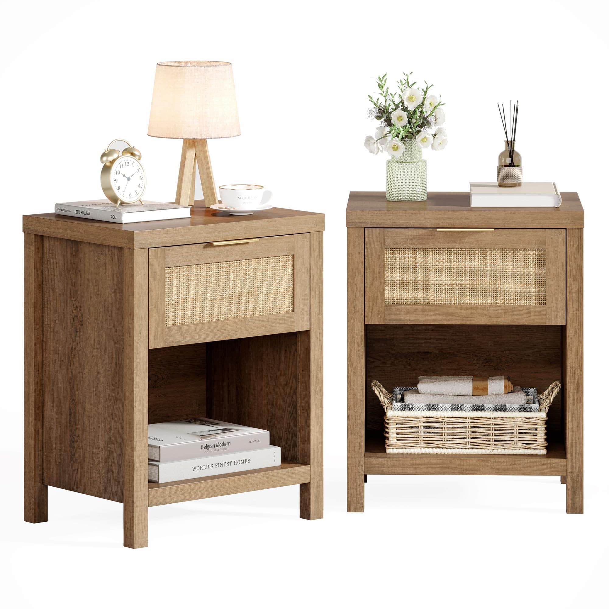 Caramel Oak Boho Rattan Nightstand Set with Drawer & Storage Shelf