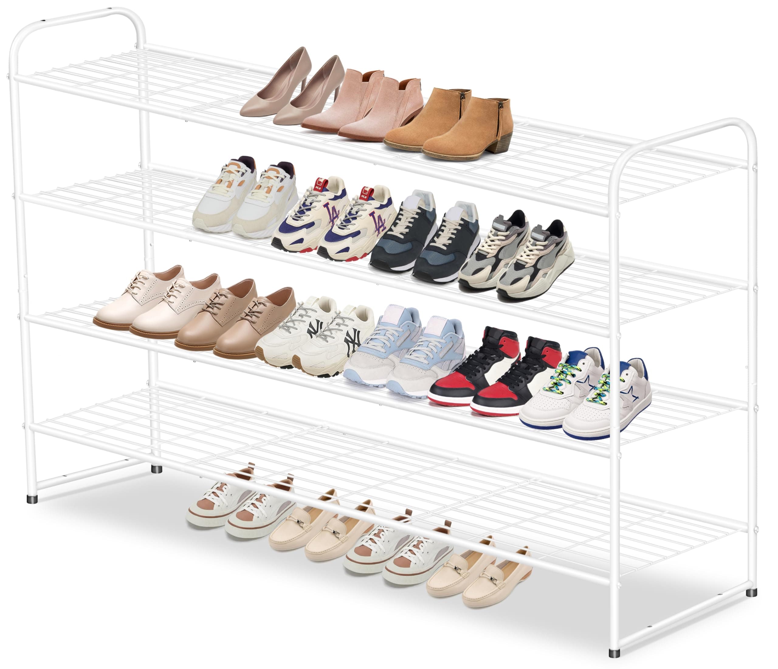 4 Tier Wide Stackable Shoe Rack for Closet with Wire Grid Shelf, White