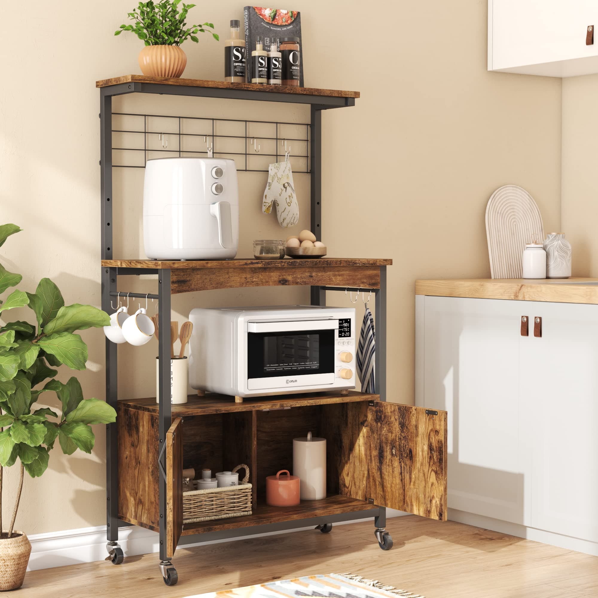 Bestier Height-Adjustable 45-55" Microwave Racks with Storage & Wheels, Rustic Brown