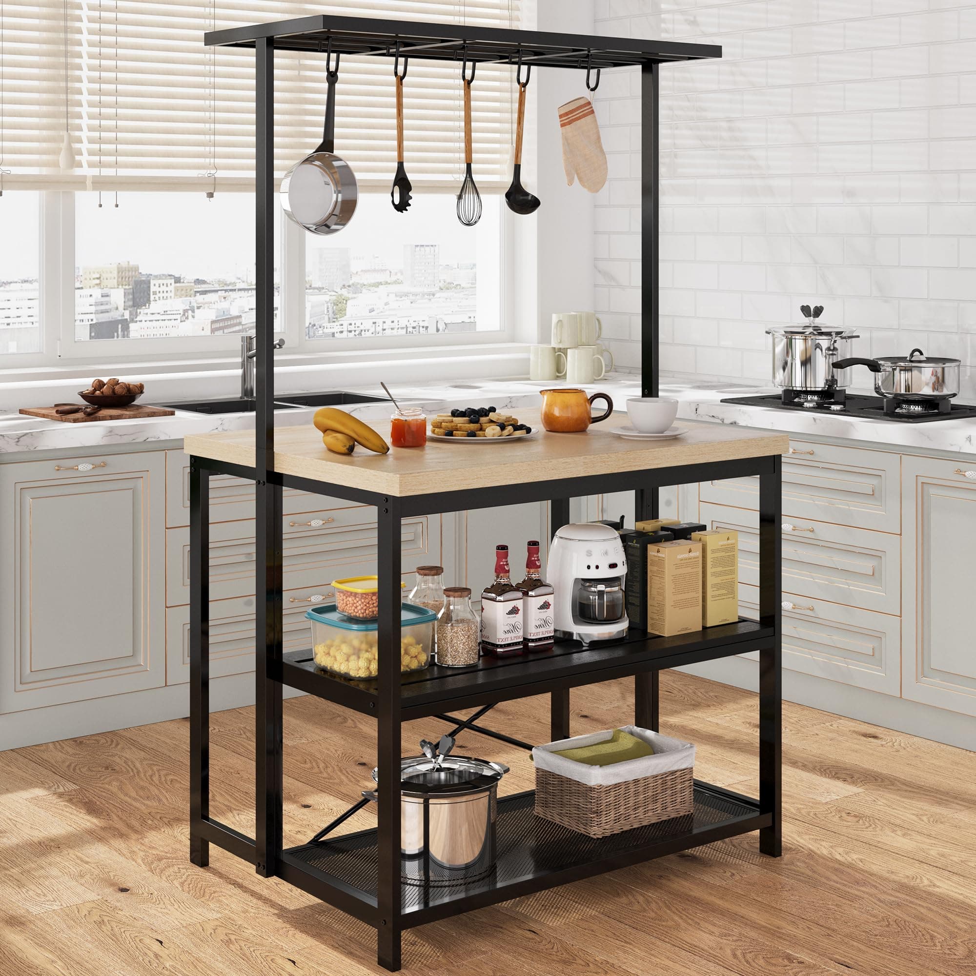 GAOMON 42" Kitchen Island Bakers Rack with 3 Tier Storage & 5 Hooks