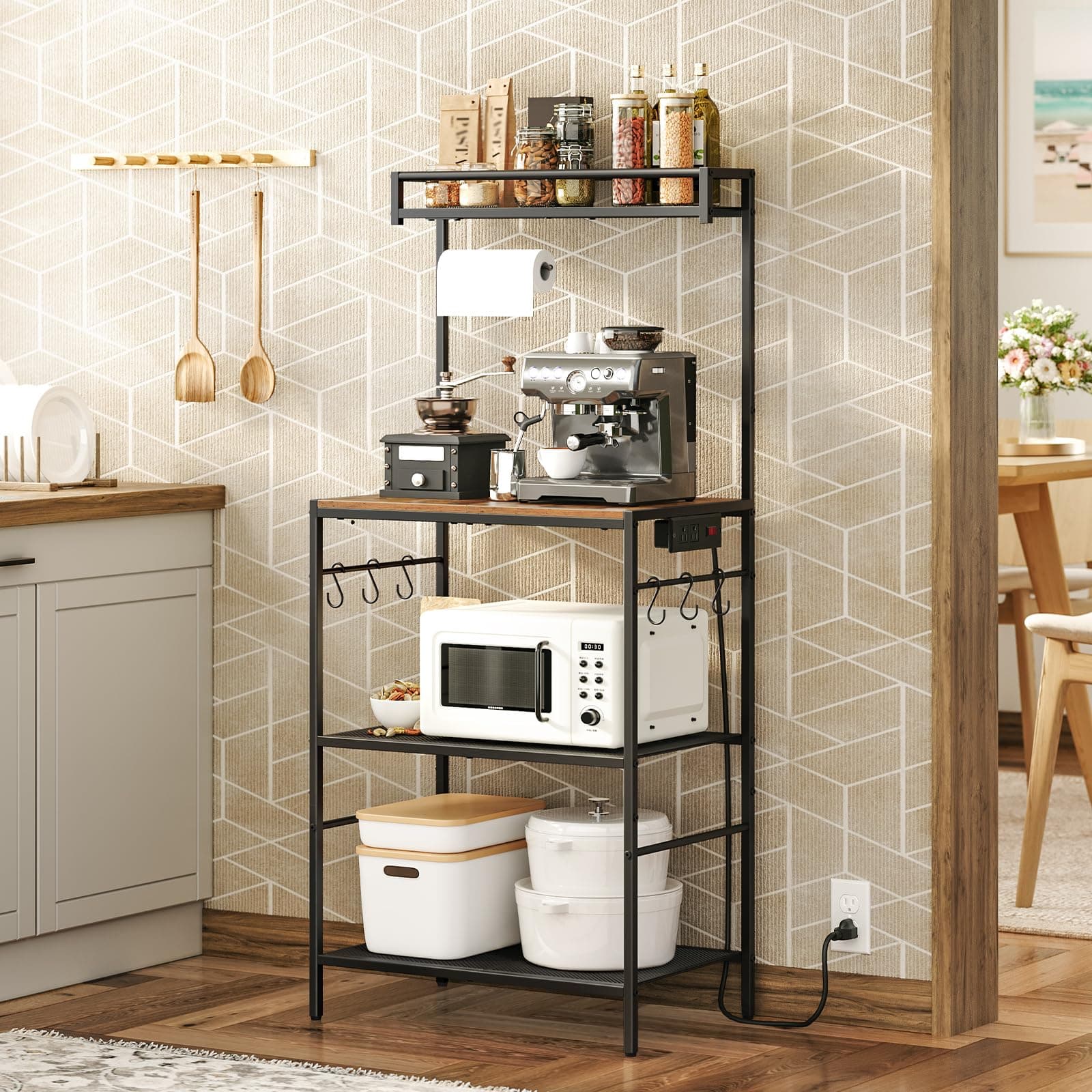 Rustic Brown Bakers Rack with Power Outlet & 6 Hooks for Kitchen BRHR36E01