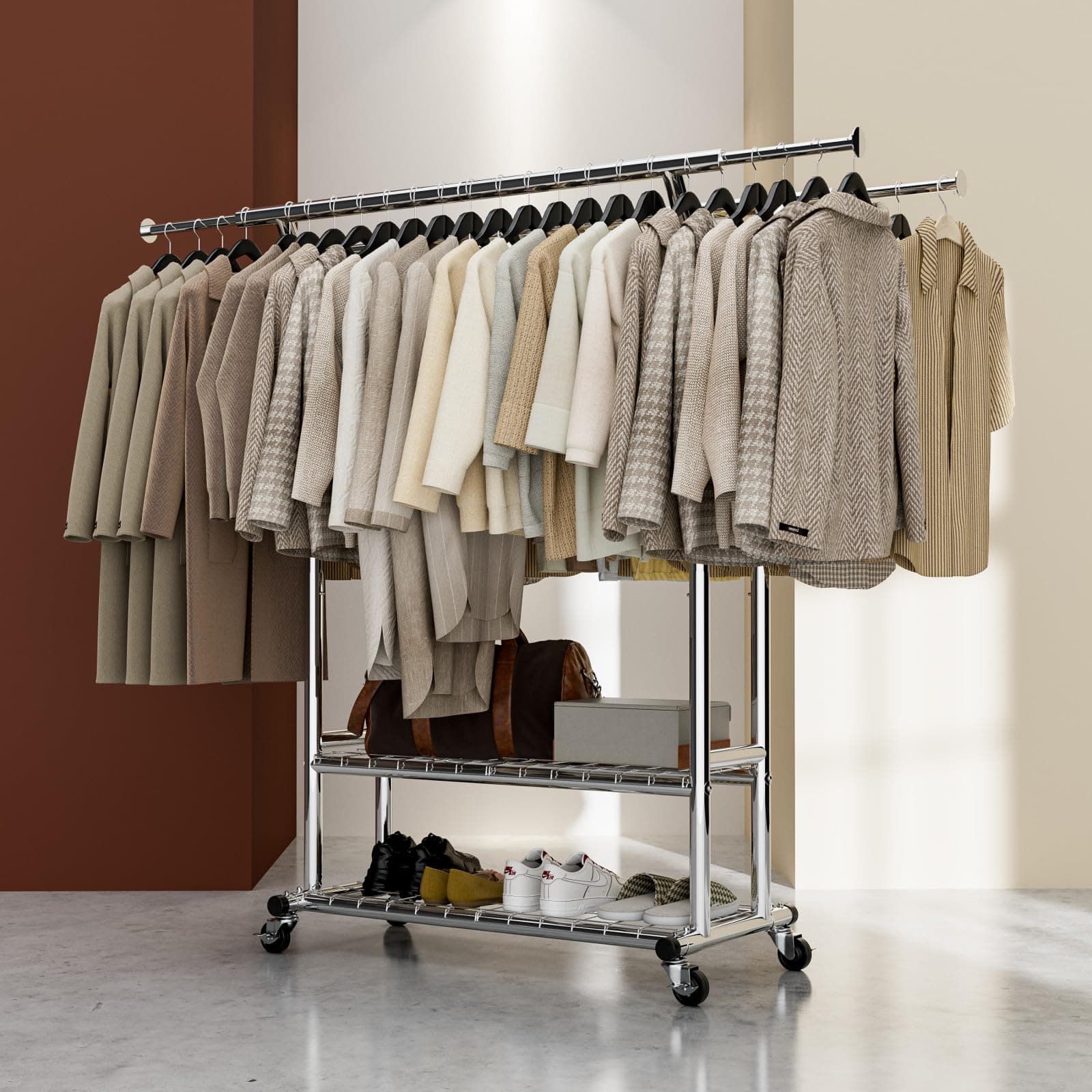 Heavy Duty Silver Portable Rolling Clothing Rack, Adjustable for Home & Commercial
