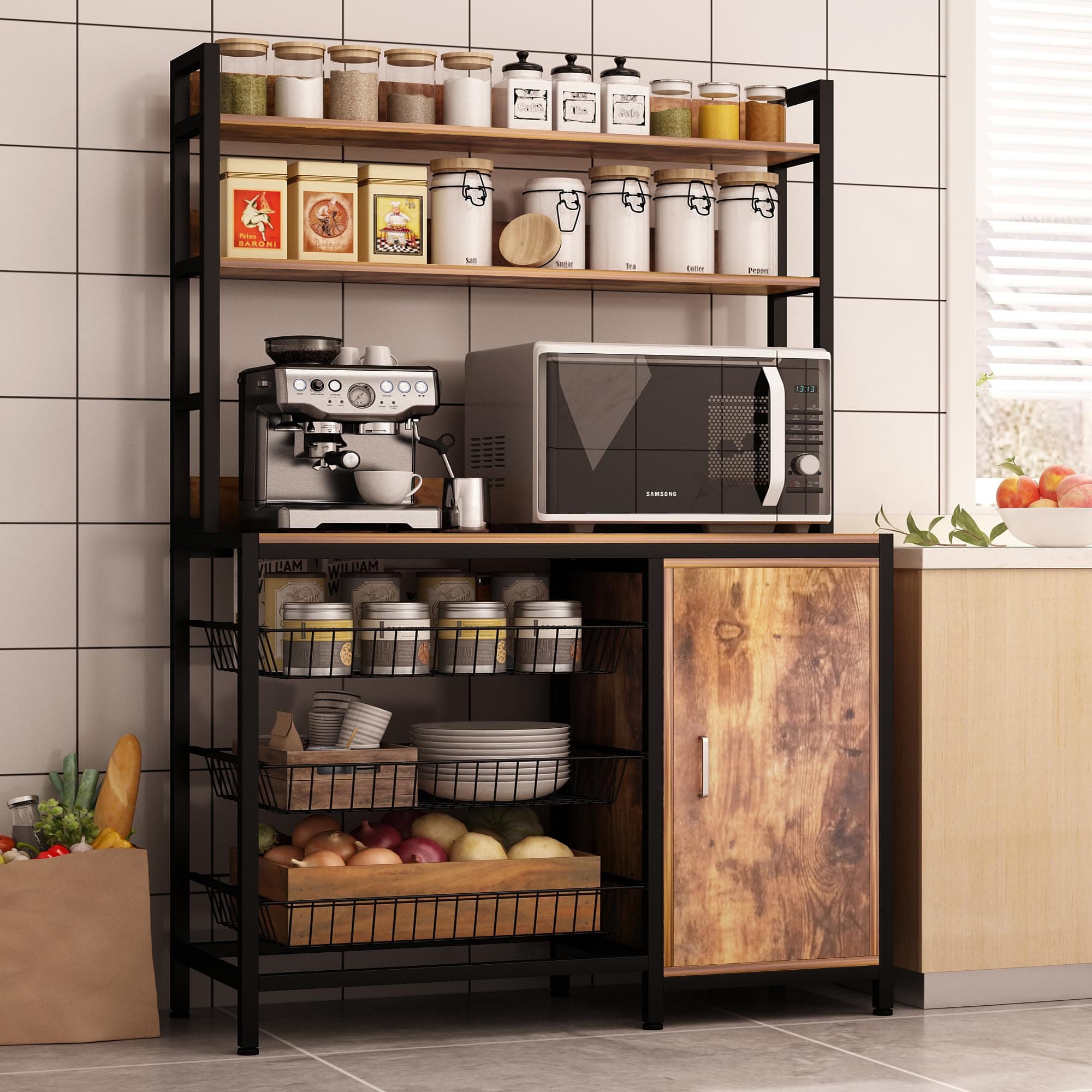 Industrial Microwave Oven Stand with Storage Shelves and Hooks
