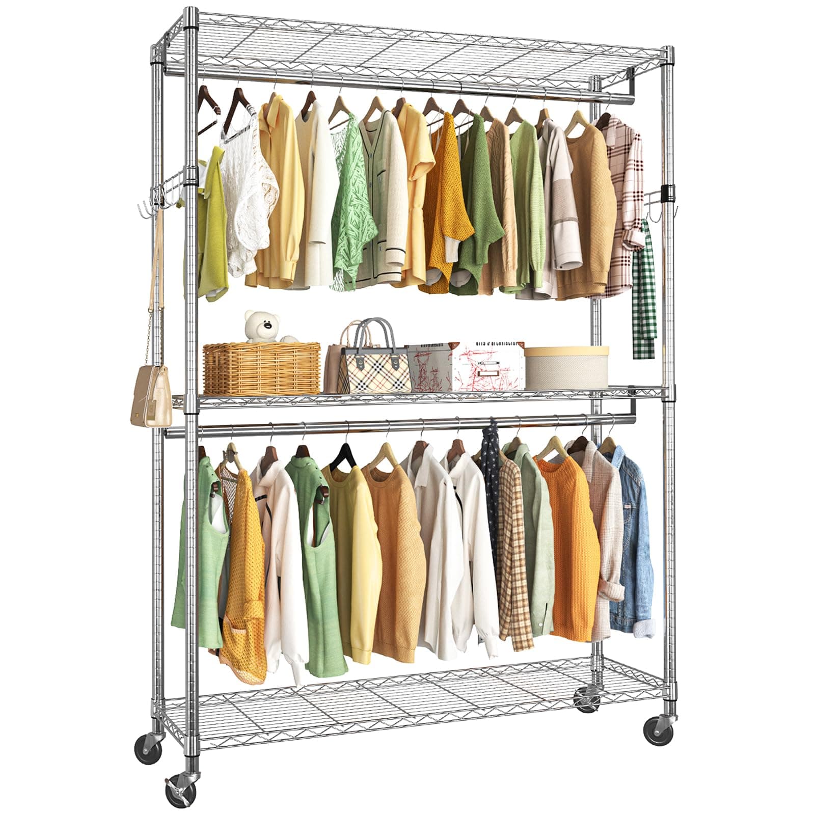 Heavy Duty 3-Adjustable Wire Shelving Clothes Rack, 50in Freestanding, Max 450 LBSChrome