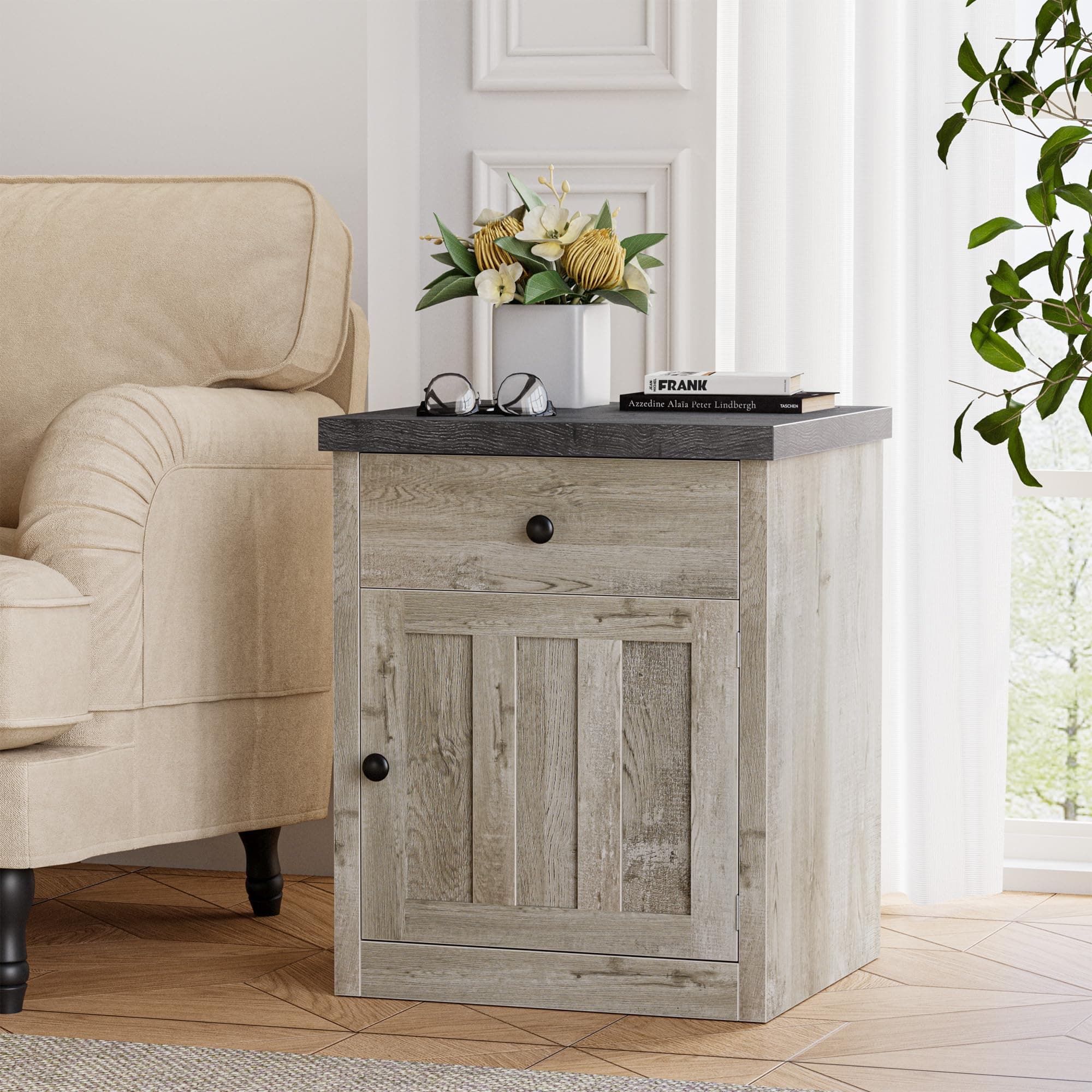 LIKIMIO Rustic White Wood End Table with Storage for Bedroom