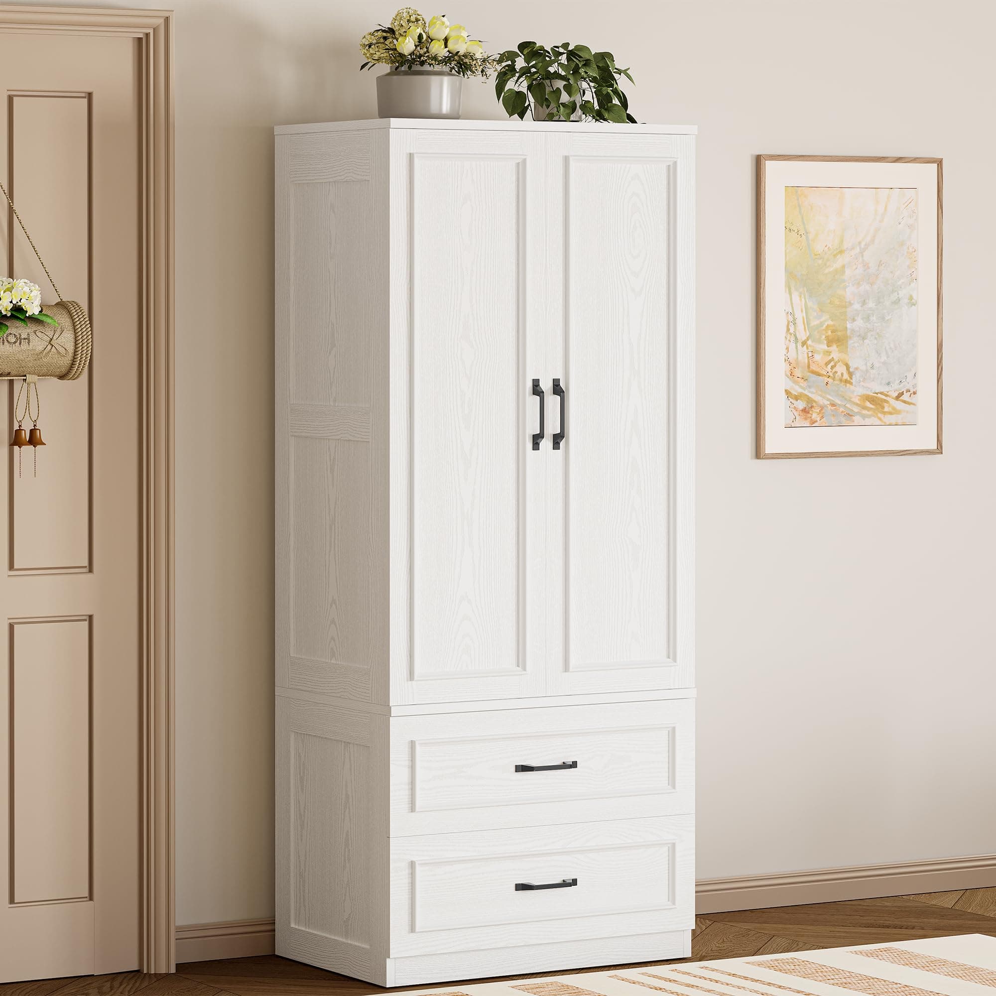 LIKIMIO 70 Wooden Wardrobe Closet with 2 Doors and 2 Drawers - Freestanding White Design for Bedroom Storage