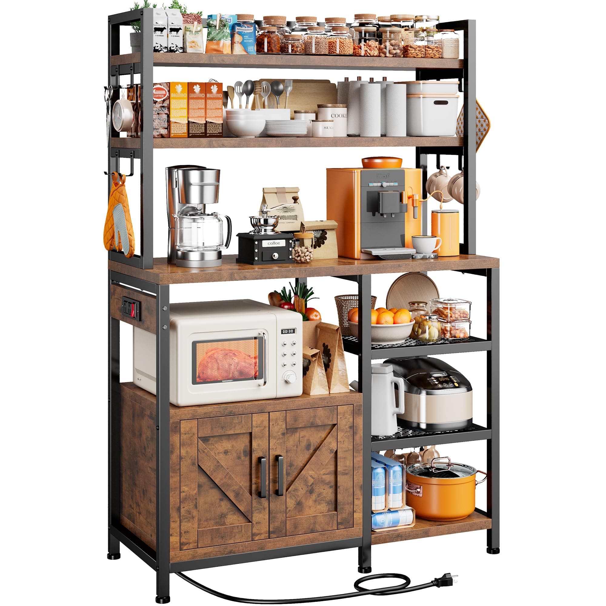 EnHomee Rustic Brown Bakers Rack with Power Outlet & Storage