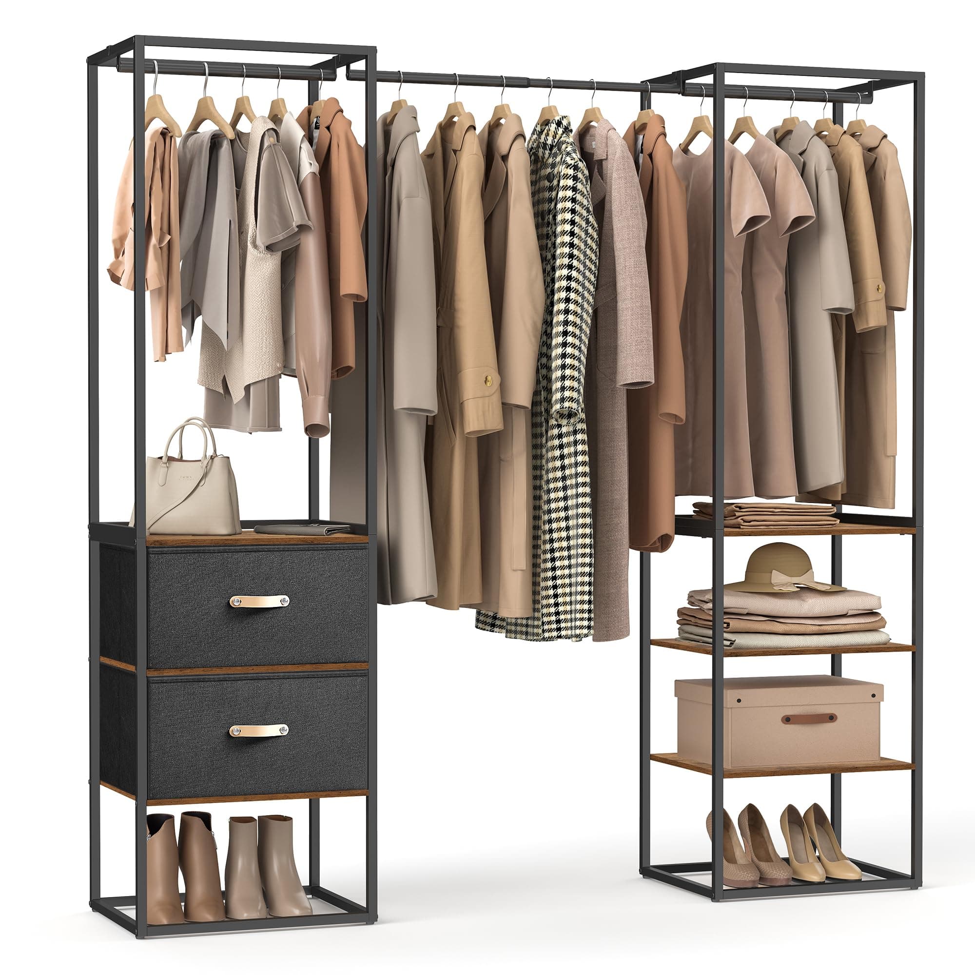 SONGMICS Rustic Brown Freestanding Closet Rack with 2 Drawers & 4 Shelves