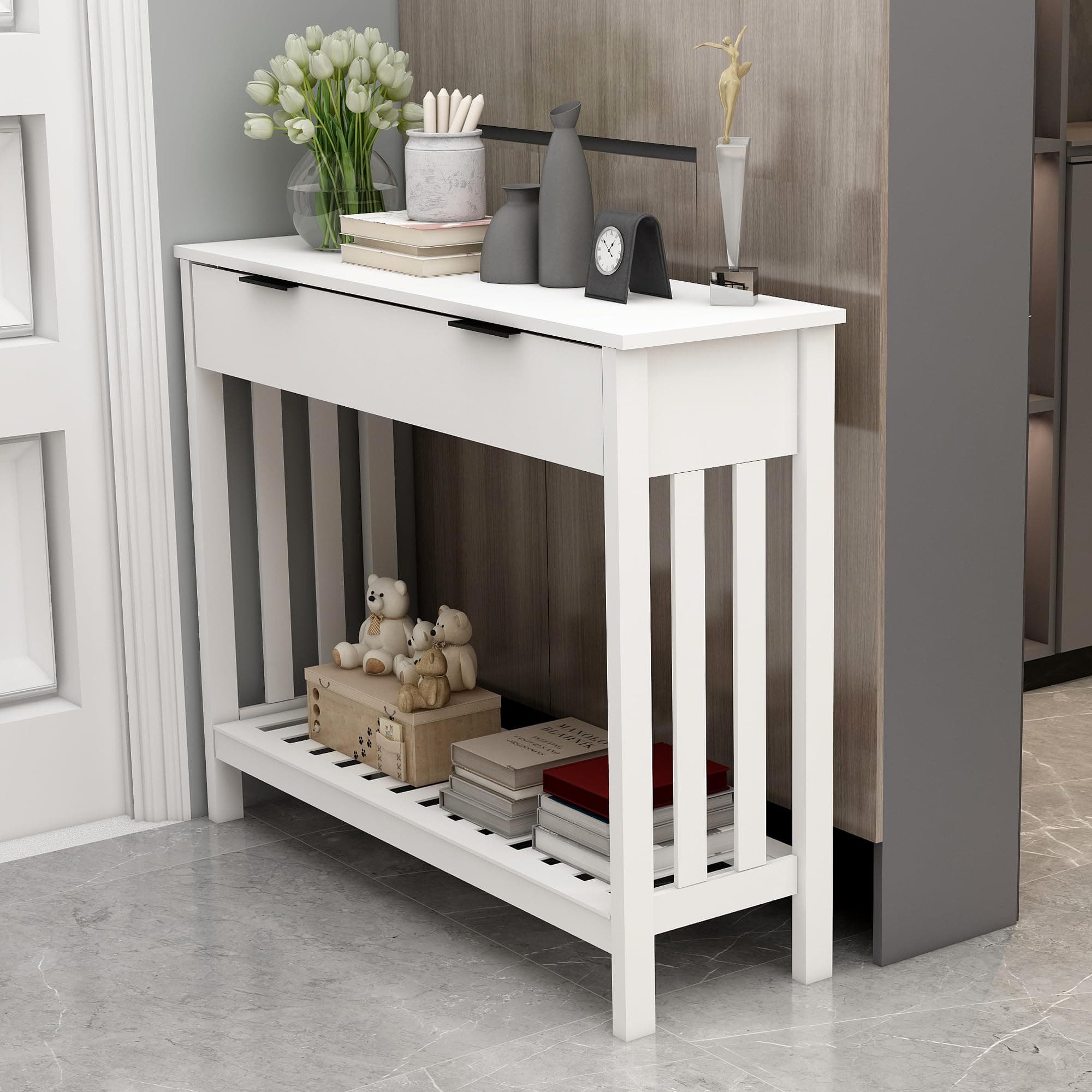 TaoHFE White Narrow Console Table with Storage for Living Room and Entrance