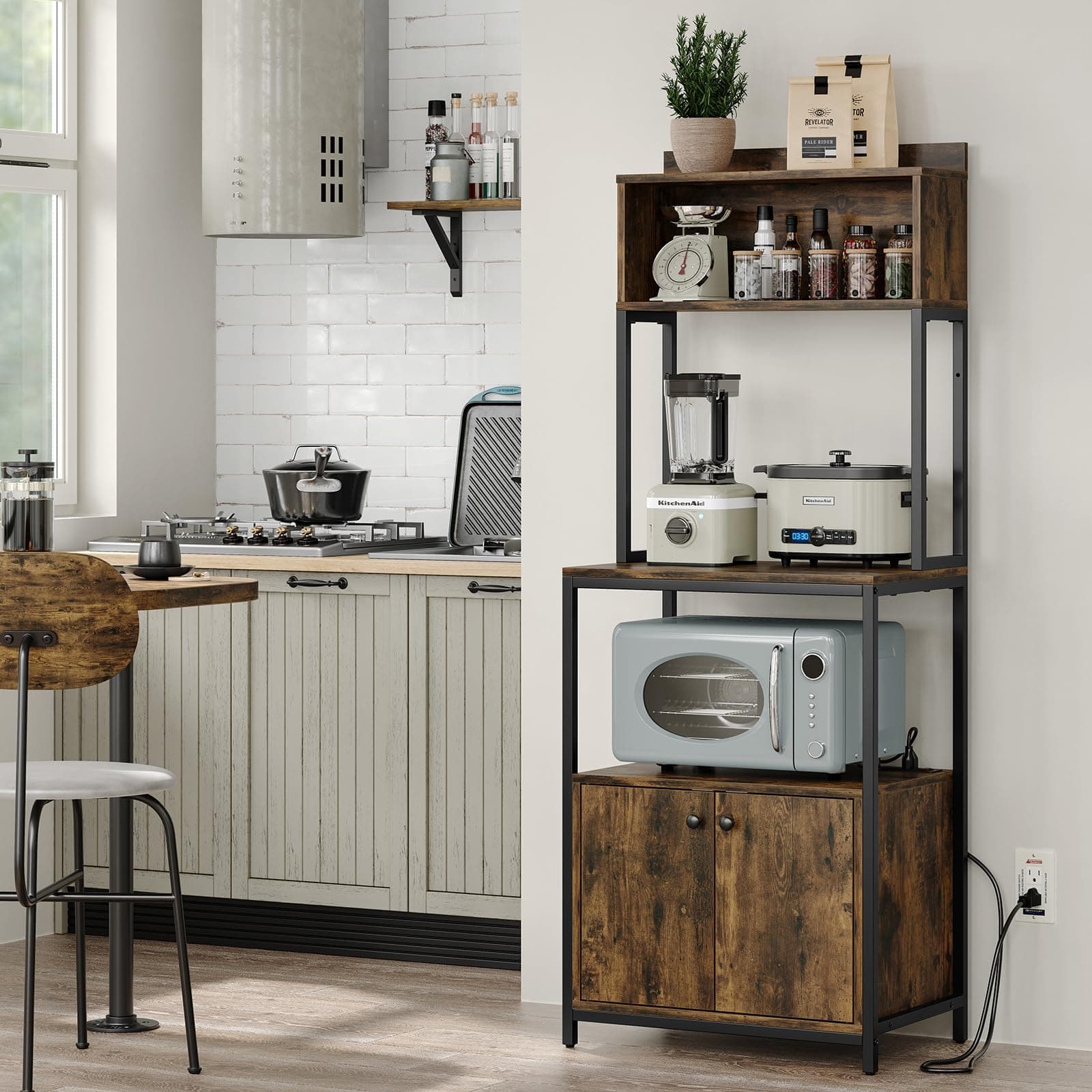 Furniouse Rustic Brown 5-Tier Kitchen Bakers Rack with Power Outlet