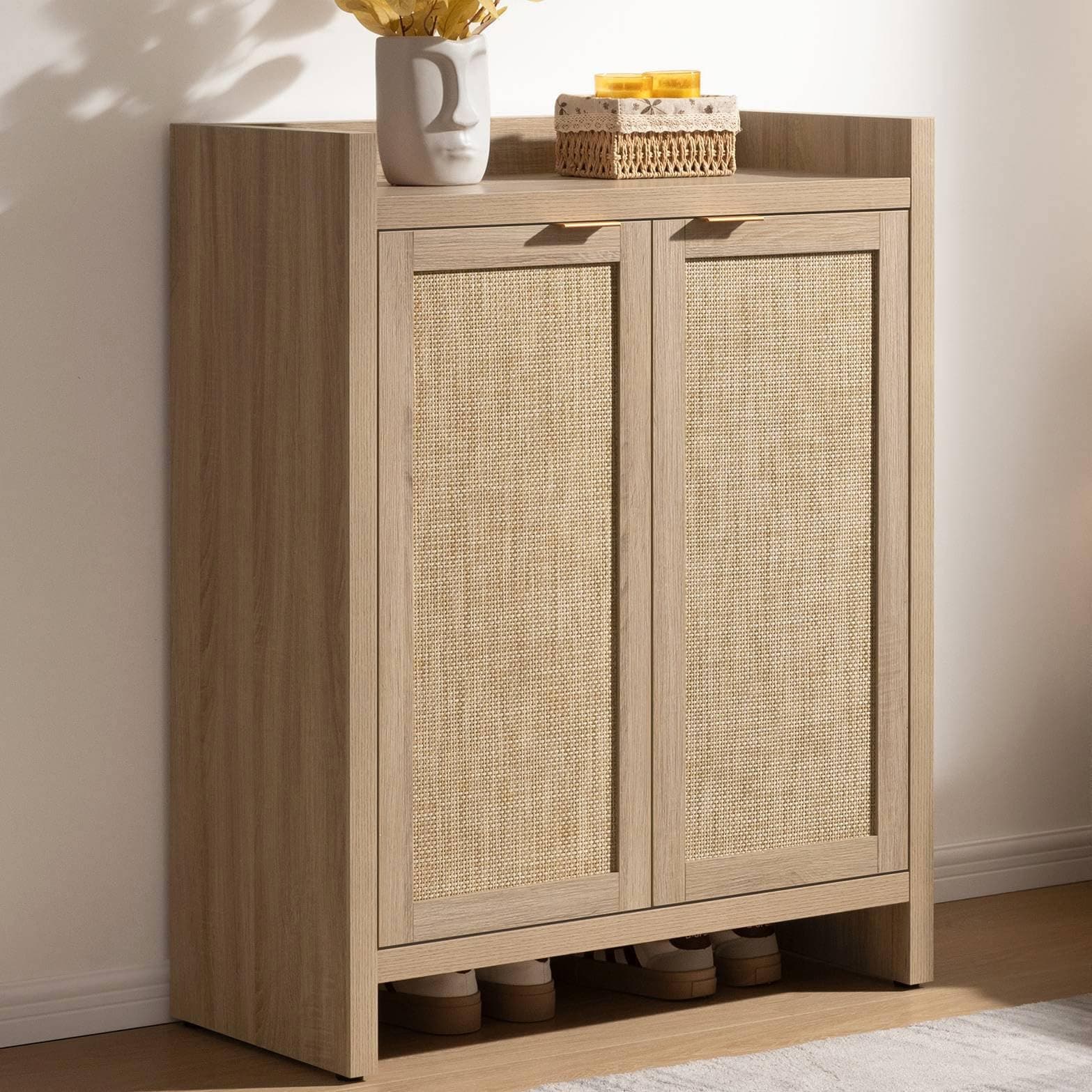 SICOTAS 6-Tier Rattan Shoe Cabinet, 41" Tall, 24 Pair Storage with Doors & Shelves, Light Oak Boho Entryway Closet Organ