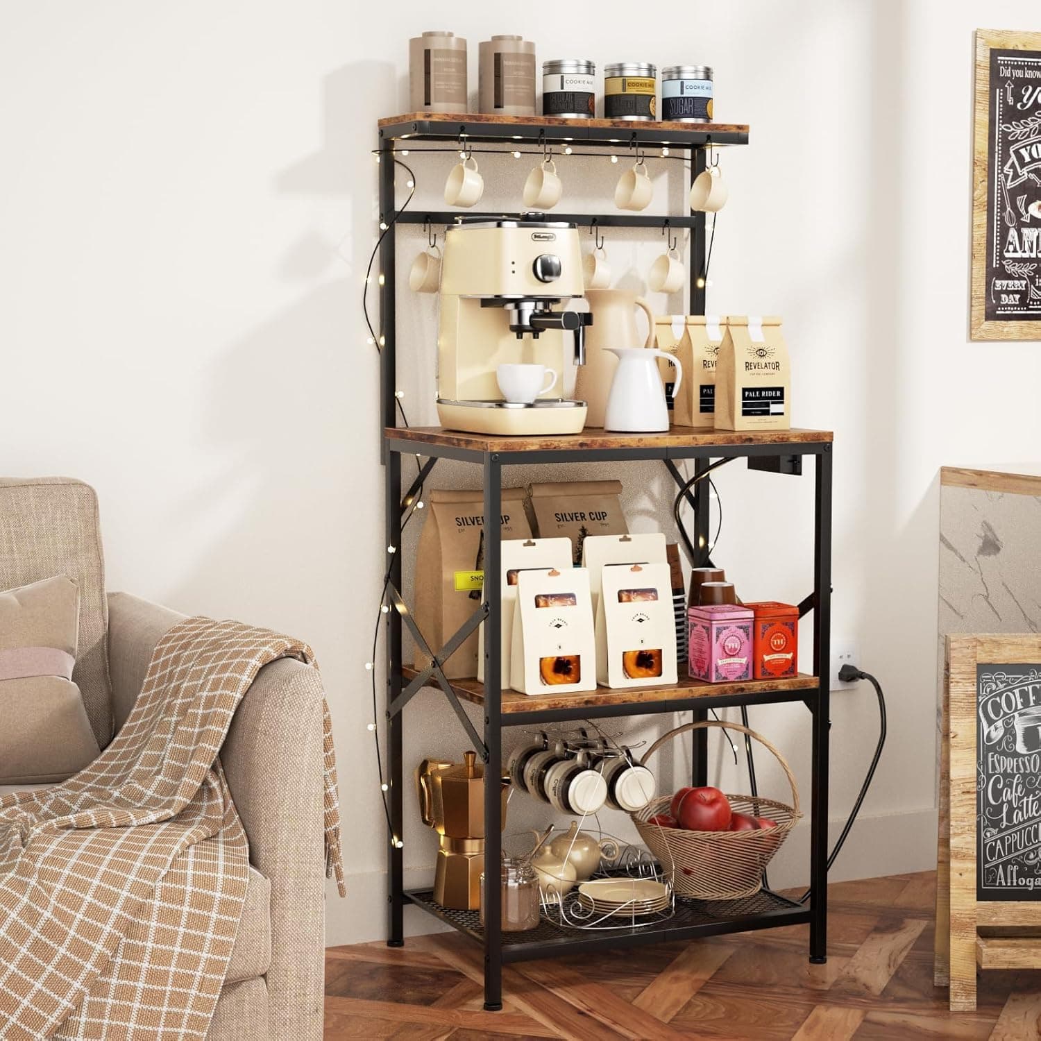 Rustic Brown 4-Tier Bakers Rack with Power Outlet & Storage