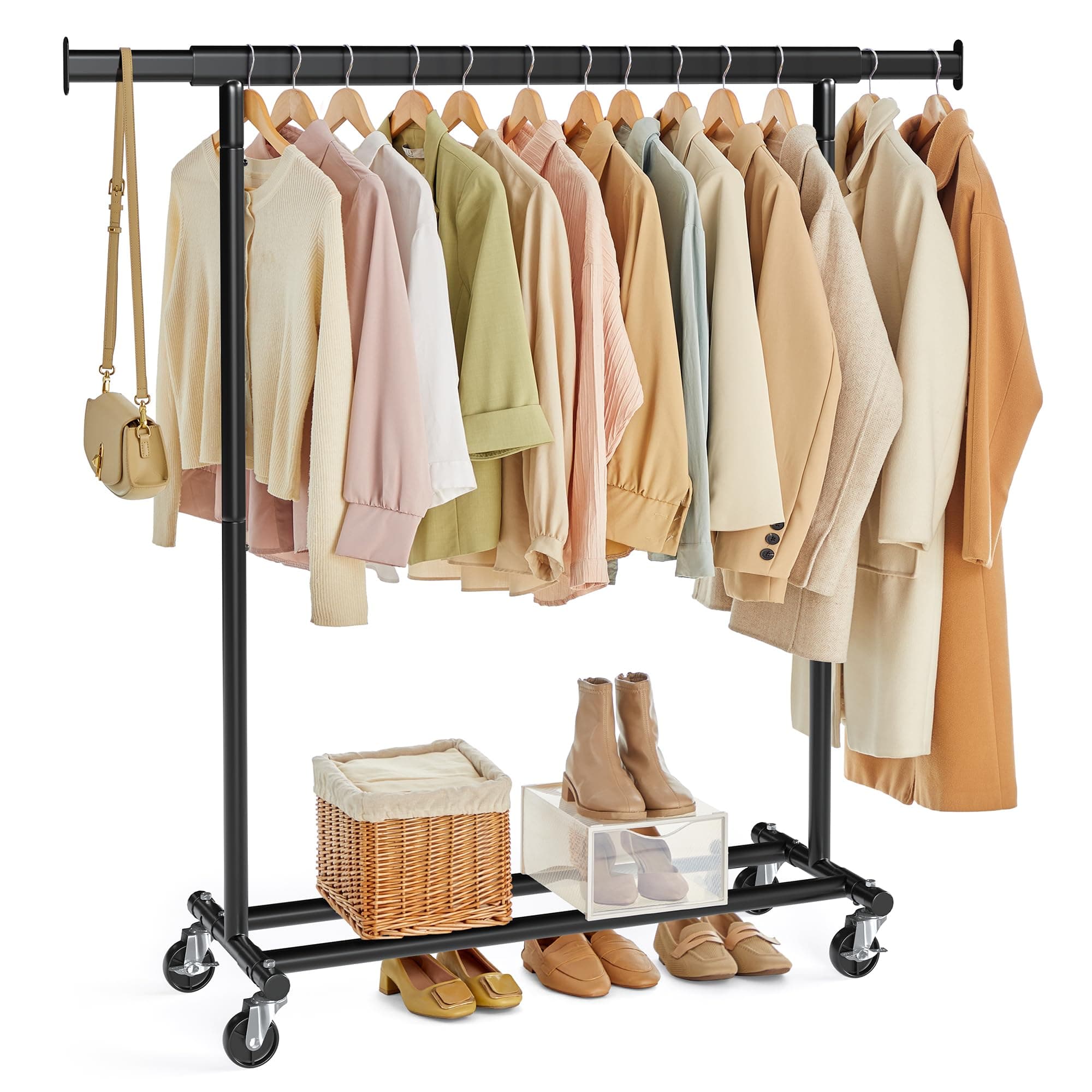 SONGMICS Portable Clothing Rack with Wheels, 220 lb Capacity, Extends Up to 52"