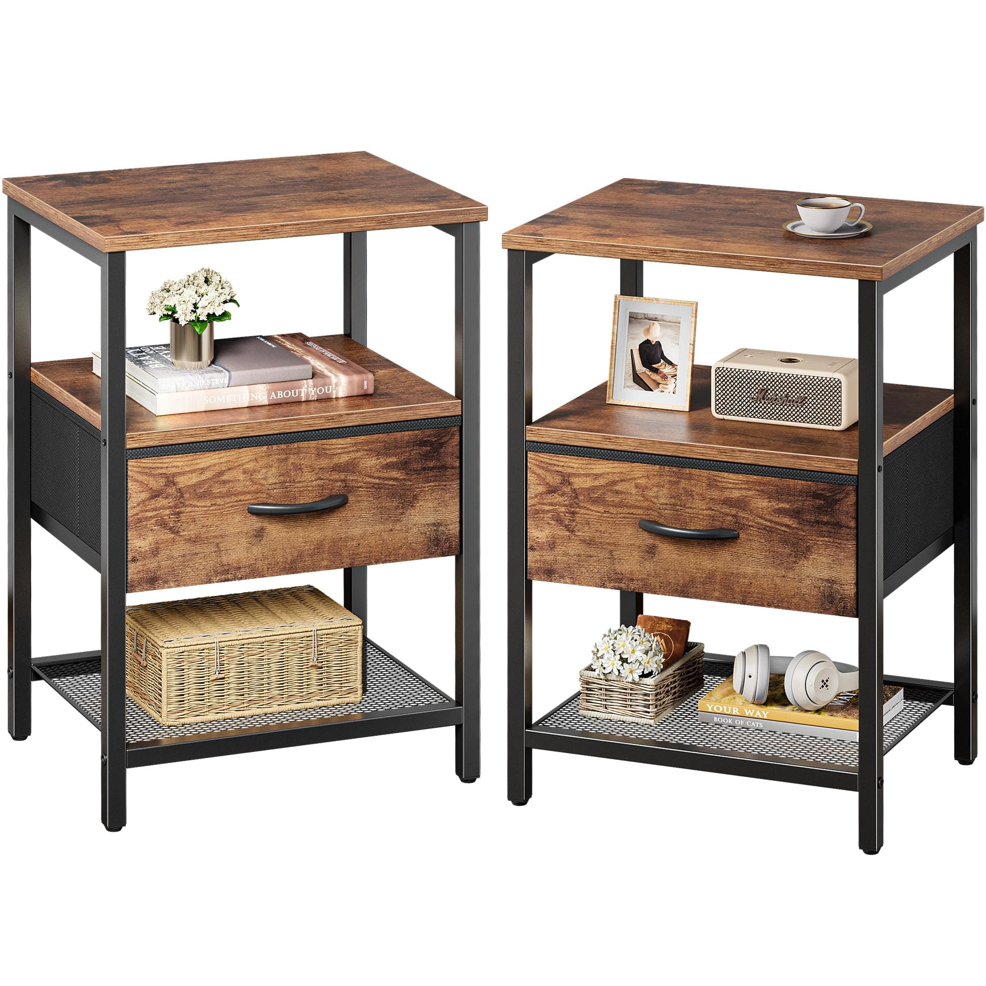 Huurger Nightstand Set of 2: Rustic Brown, Fabric Drawers & Mesh Shelf