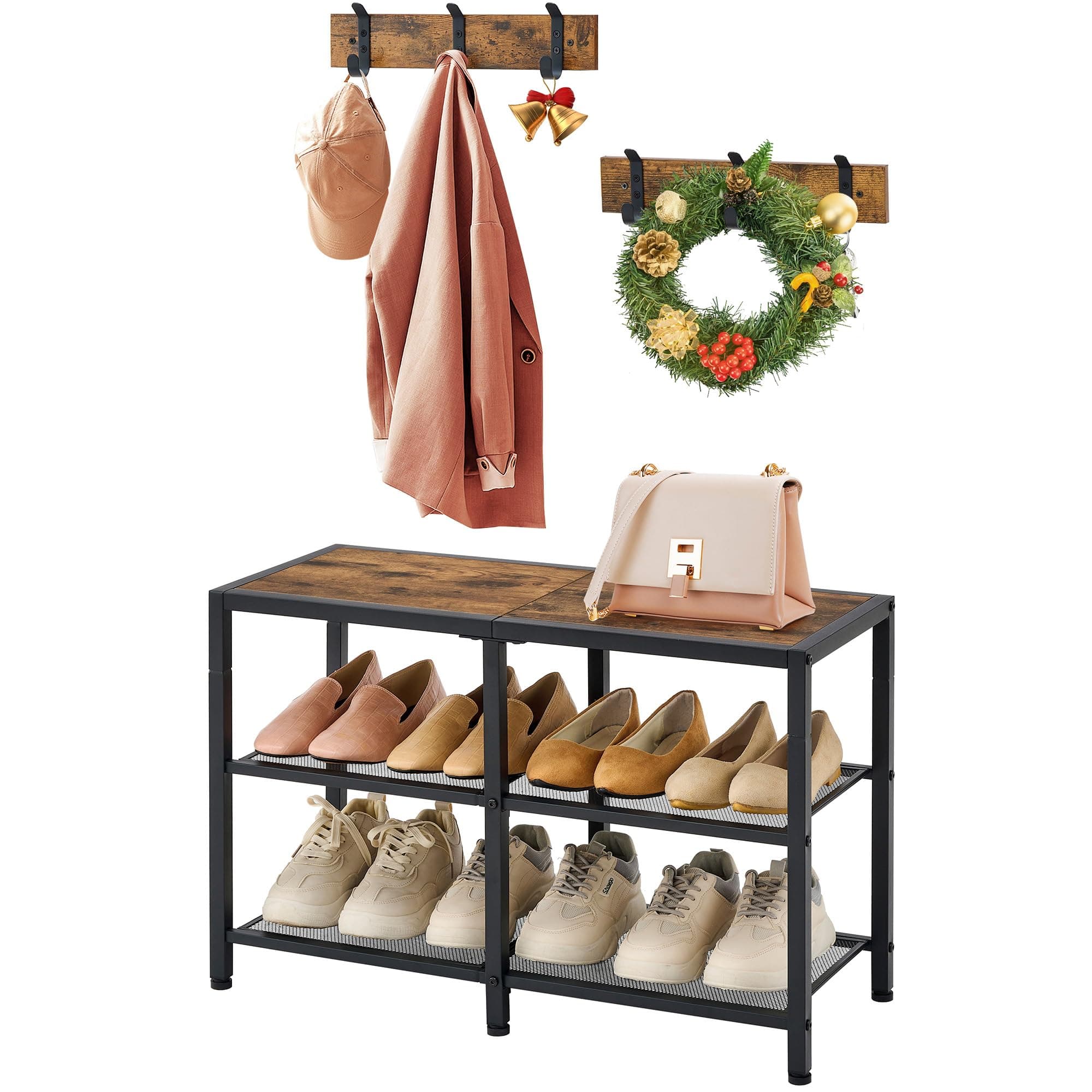 Entryway 3-in-1 Coat Shoe Rack Bench with Storage and Hooks