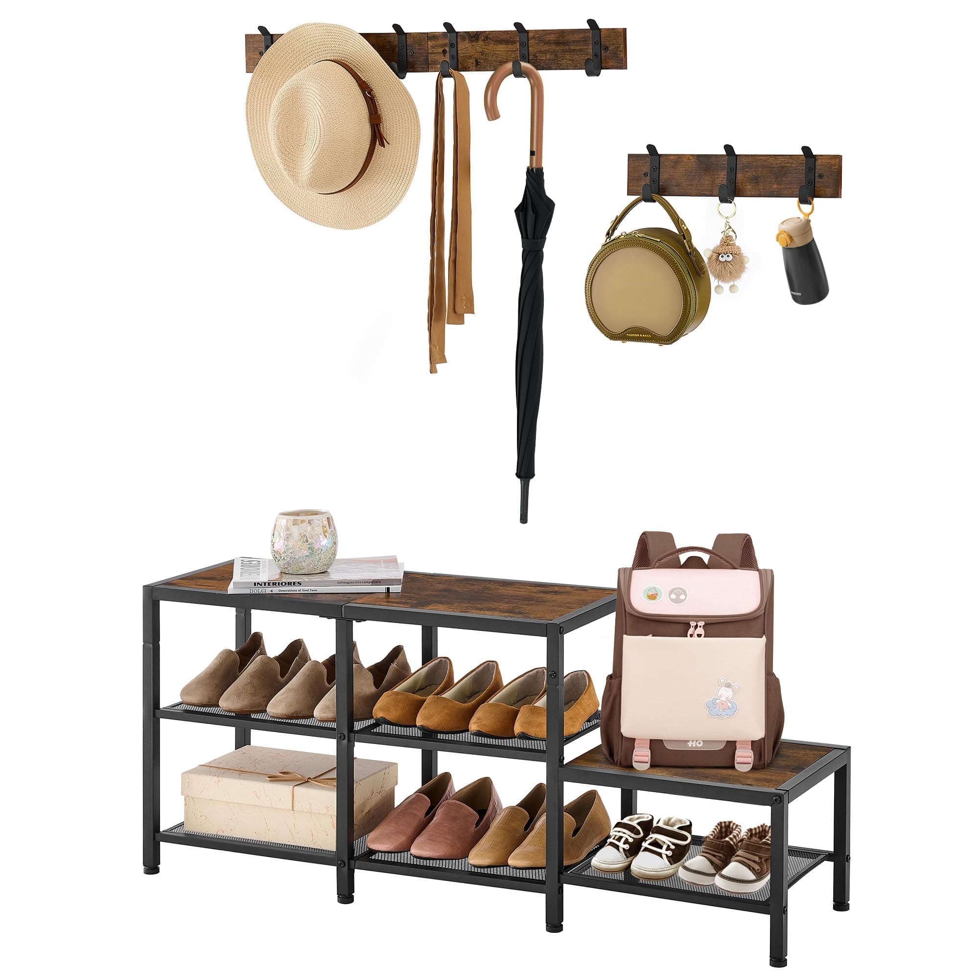 Entryway Hall Tree Bench with Shoe Storage and Coat Hooks - Parent-Child 3-in-1 Design for Hallway or Bedroom