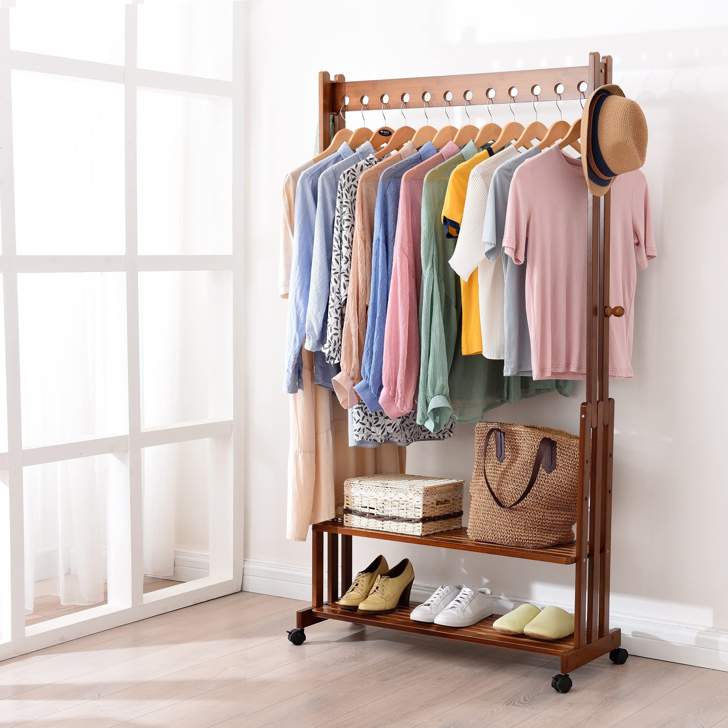 Portable Bamboo Clothing Rack with Double Layer Storage and Hooks (27.6L x 13W x 65.4H)