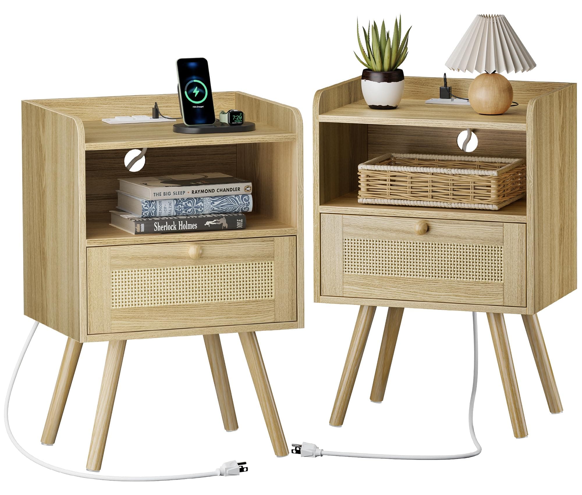 SUPERJARE Nightstands Set of 2 with Charging Station & PE Rattan Drawer, Solid Wood Feet - Natural