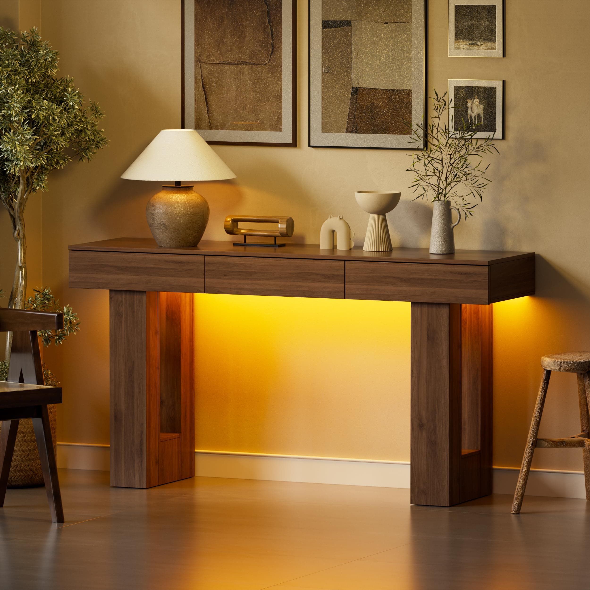 PAKASEPT Natural 63-Inch Console Table with Colorful LED Lights and 3 Drawers