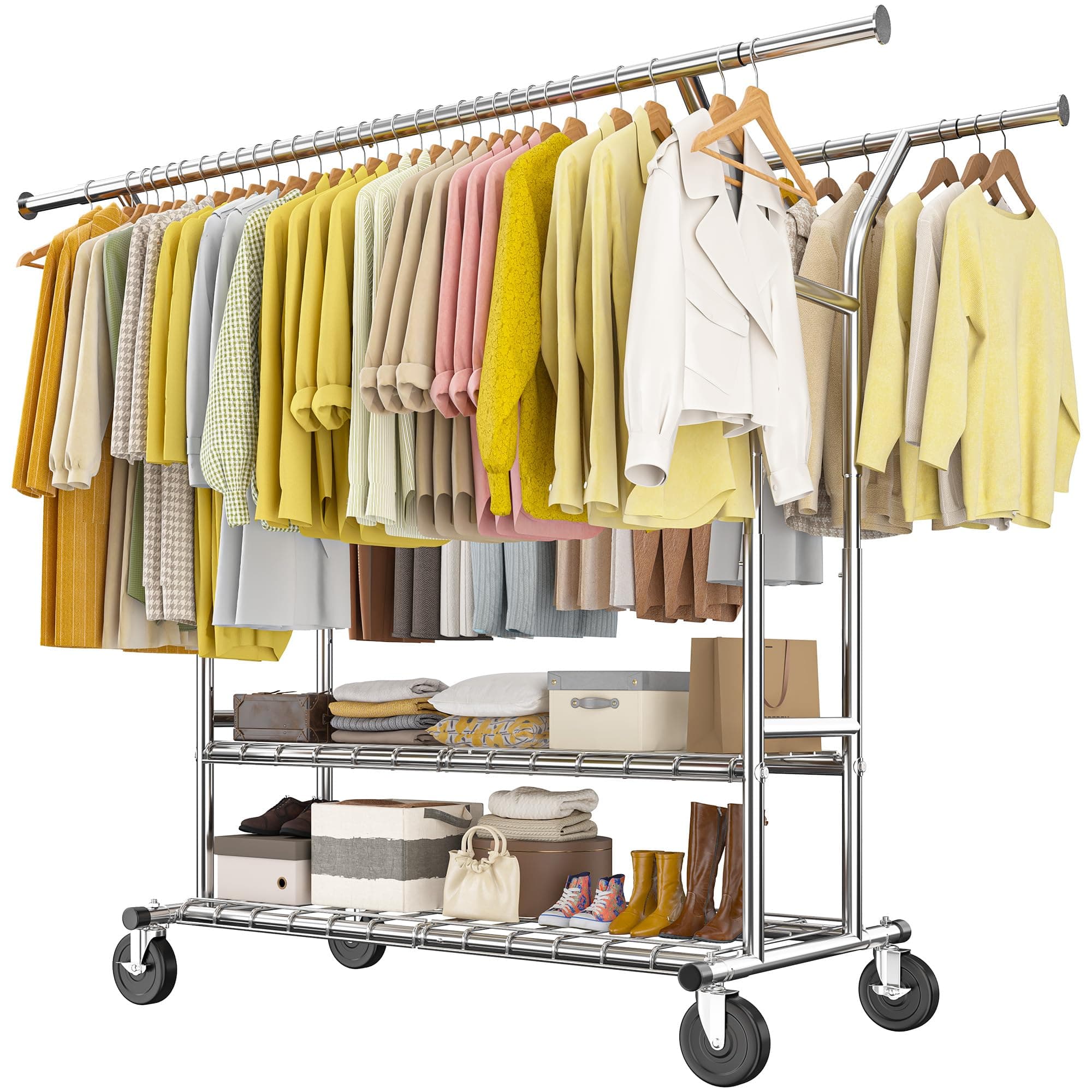 Raybee Heavy Duty Clothing Rack with Wheels, Load 630LBS, Adjustable 74" W x 25" D