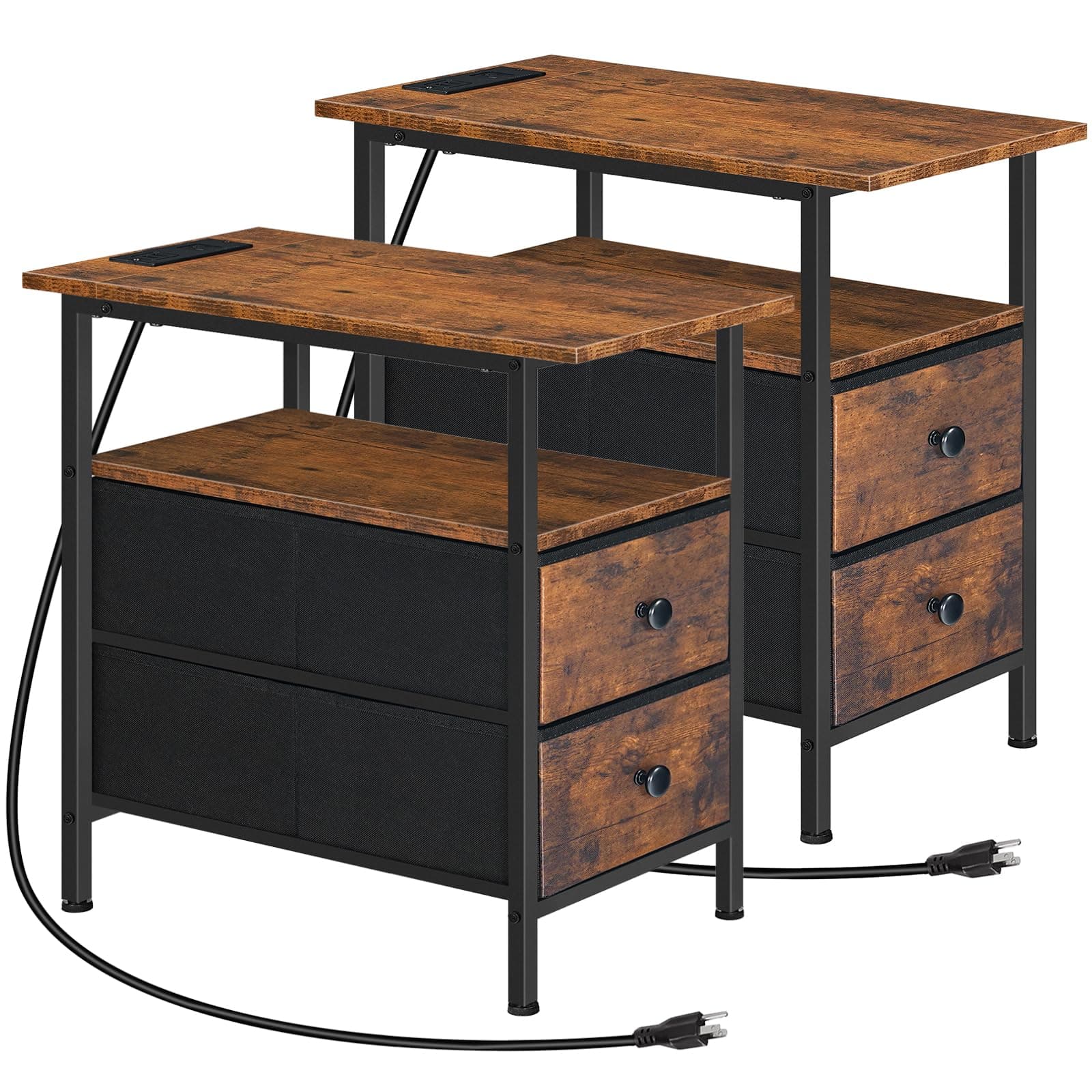 HOOBRO Adjustable End Table with Charging Station, Rustic Brown & Black, BF486UBZP201