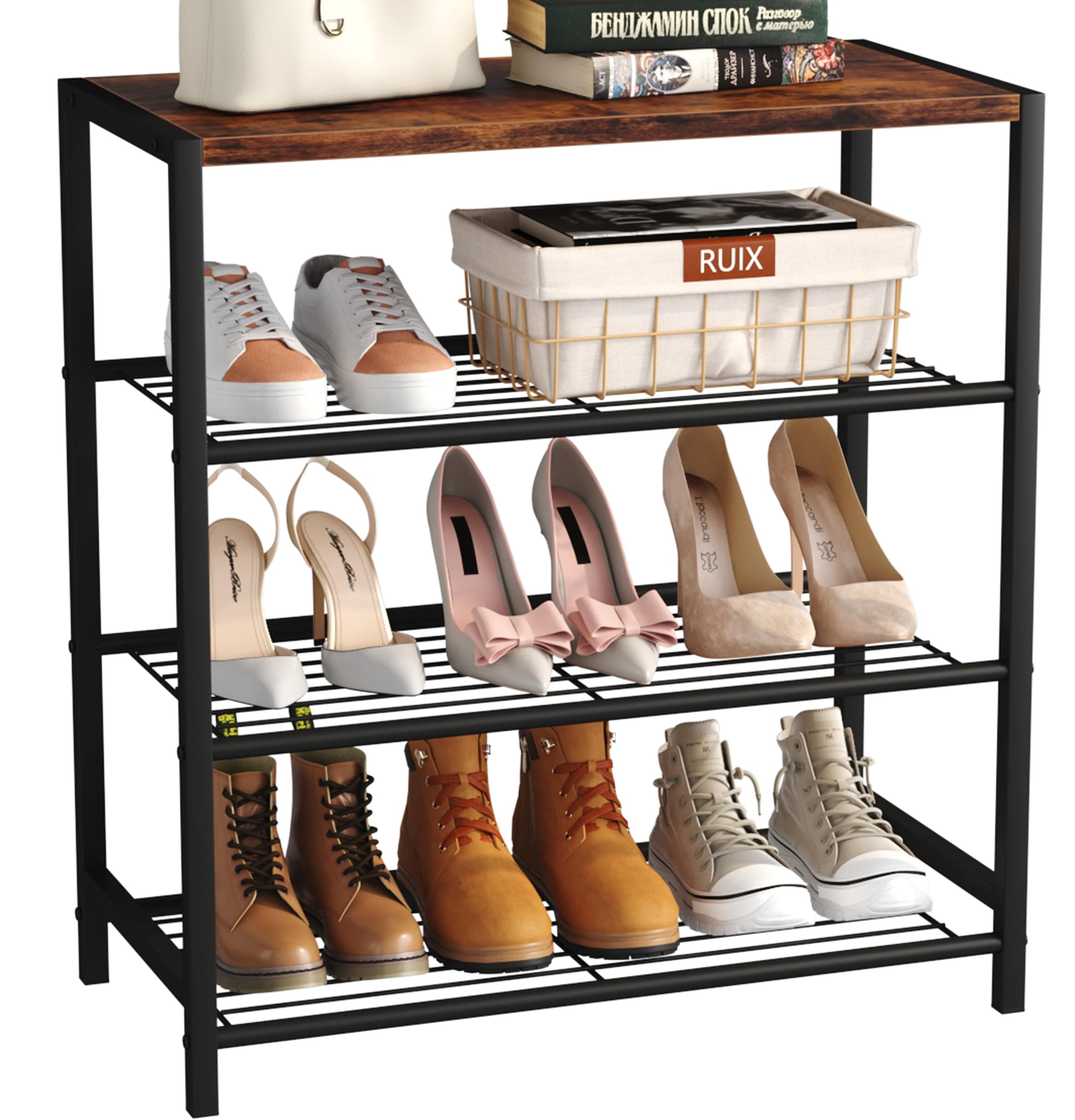 Yusong Rustic Brown 4-Tier Industrial Shoe Organizer Shelf