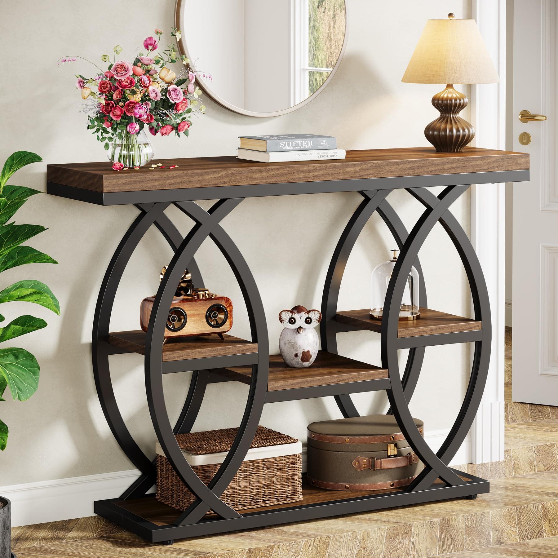 Tribesigns Industrial 4-Tier Console Table with Storage, Rustic Brown, Narrow Wood & Metal Frame