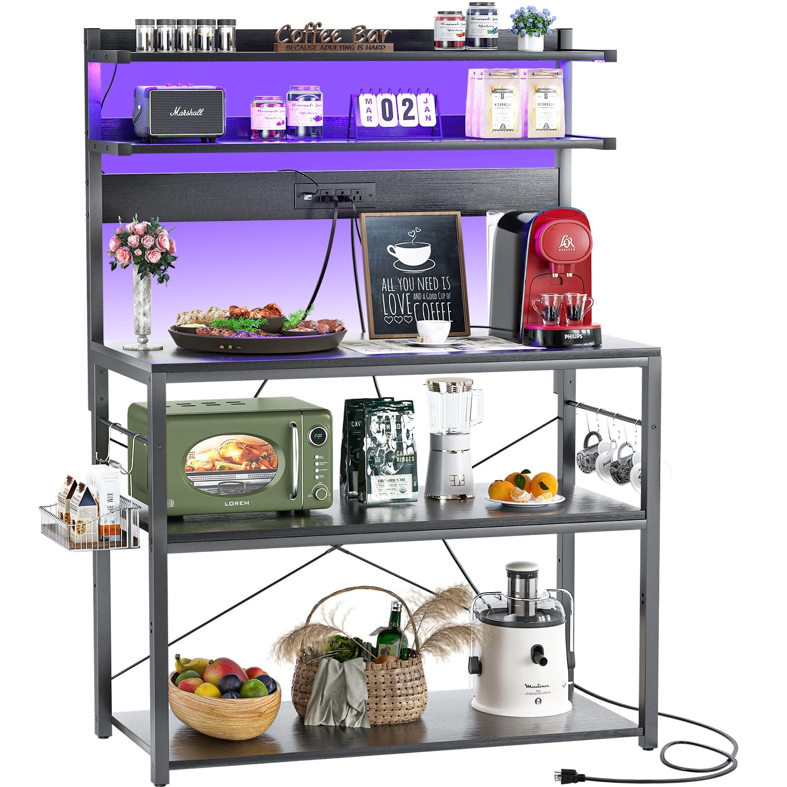 Aheaplus Black Kitchen Bakers Rack with Power Outlet & LED Lights, 5 Tiers Coffee Bar Stand