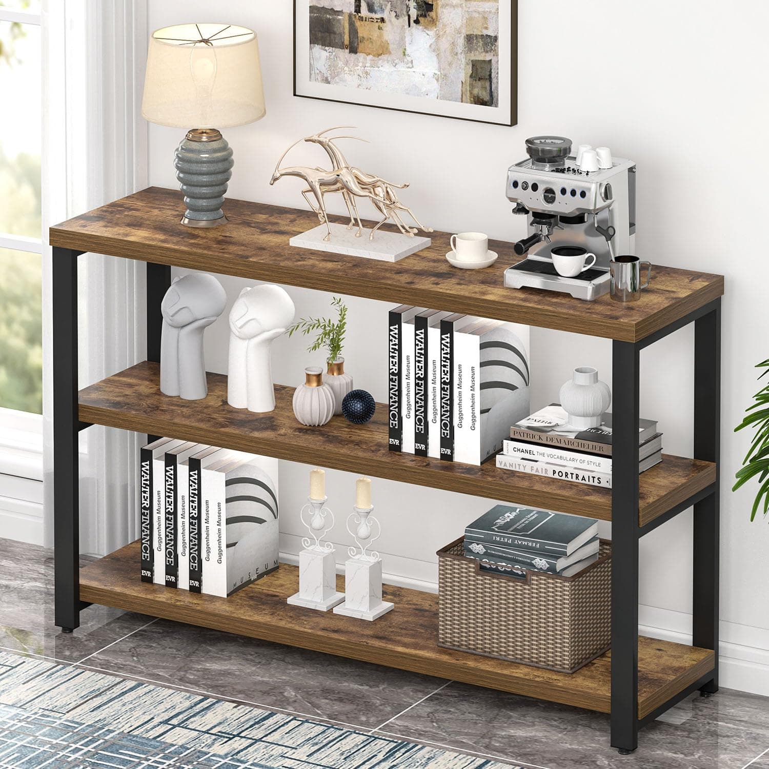 EXCEFUR Industrial Sofa Console Table with 3 Tier Storage Shelves, Rustic Brown