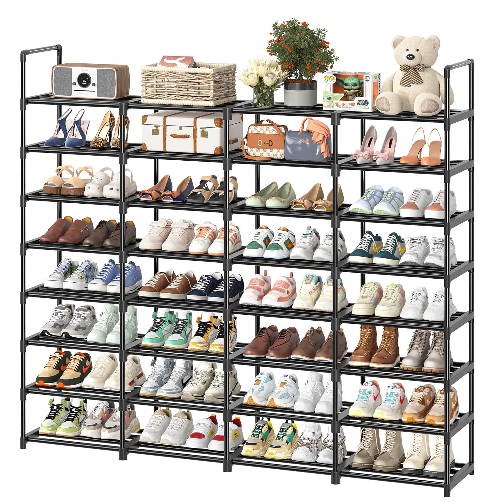 Tall Shoe Organizer Shelf 8 Tier Holds 64 Pairs, Black & DIY Style