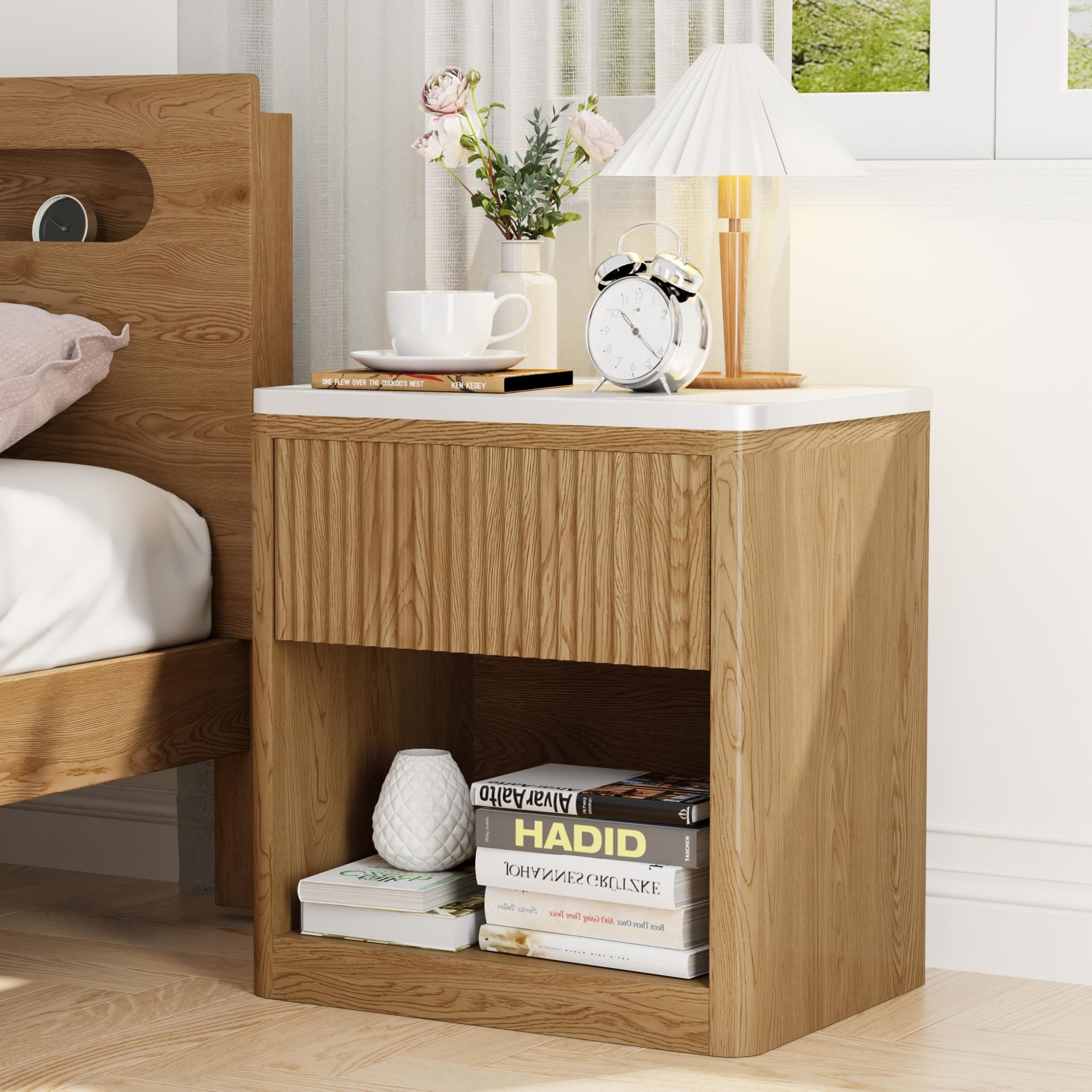 Yusong Natural Oak Fluted Nightstand with Drawer, Large Bedside Table