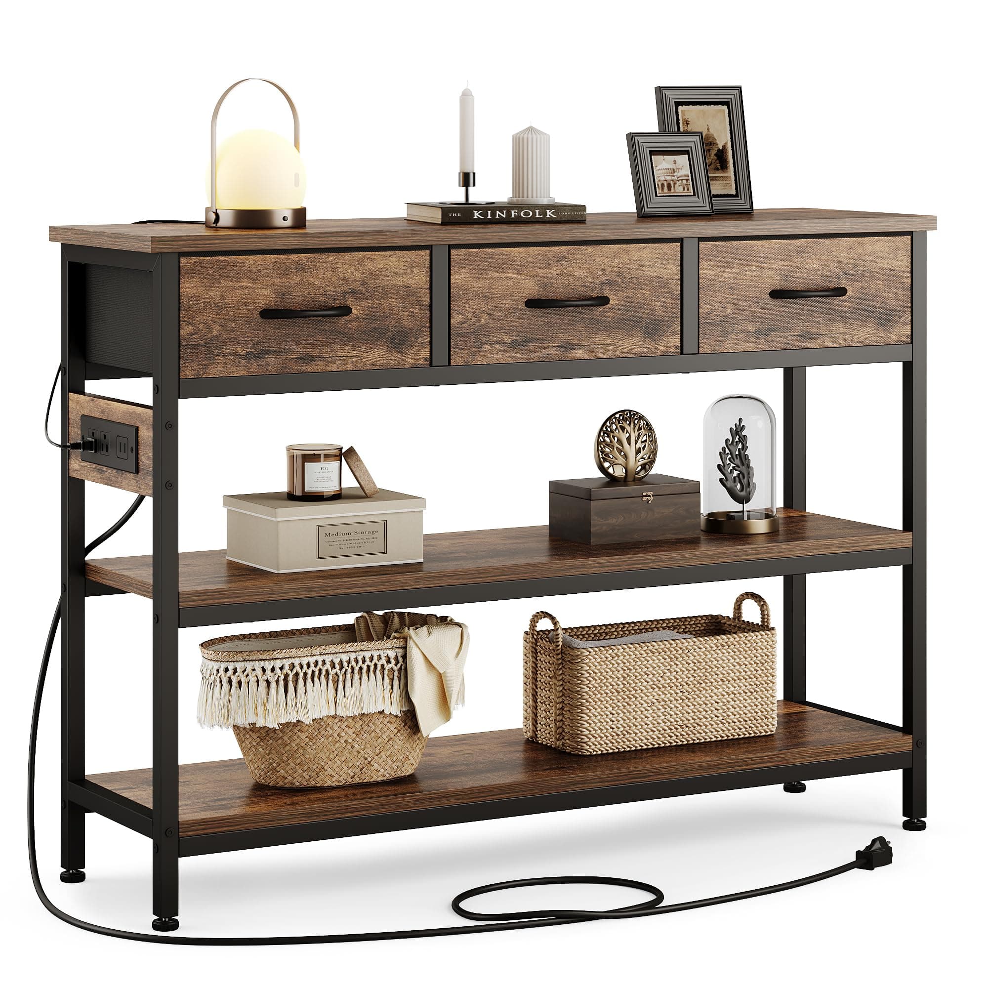 Lulive Adjustable Entryway Table with Power Outlets & 3 Drawers (Rustic Brown, 43")