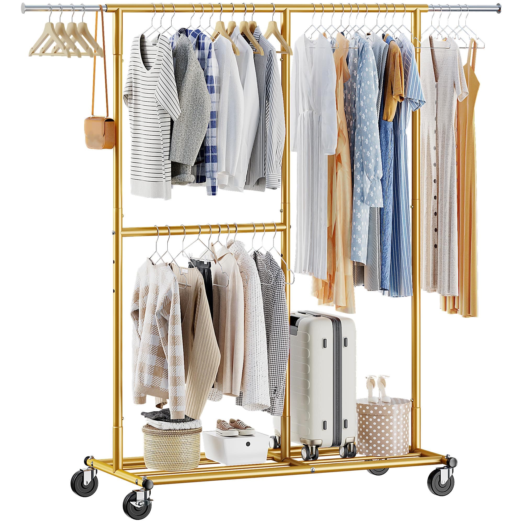 Raybee Gold Heavy Duty Clothing Rack 405 LBS, Rolling Portable Garment Stand
