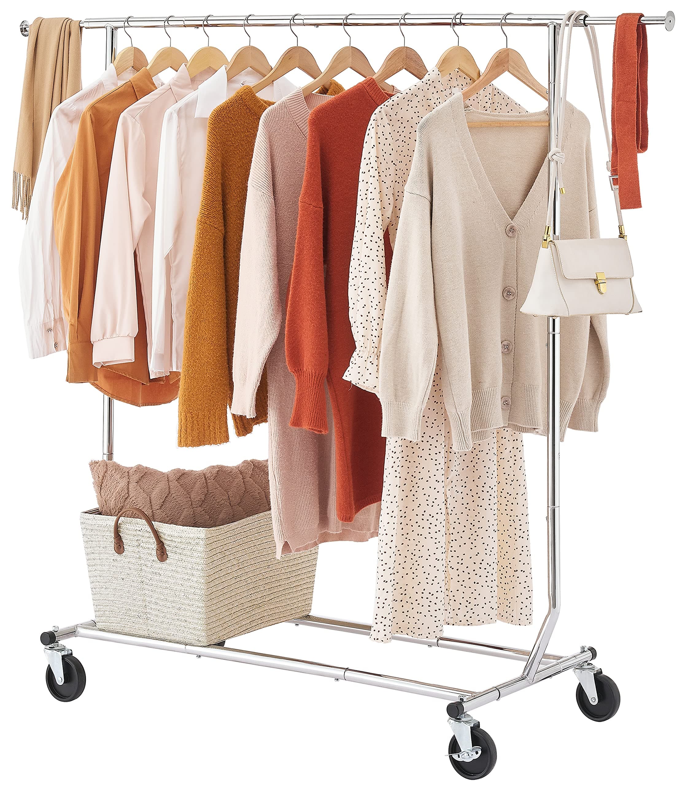 Tajsoon Heavy Duty Folding Clothing Rack with Wheels & Extendable Rod, Max 250lbs Capacity, Chrome