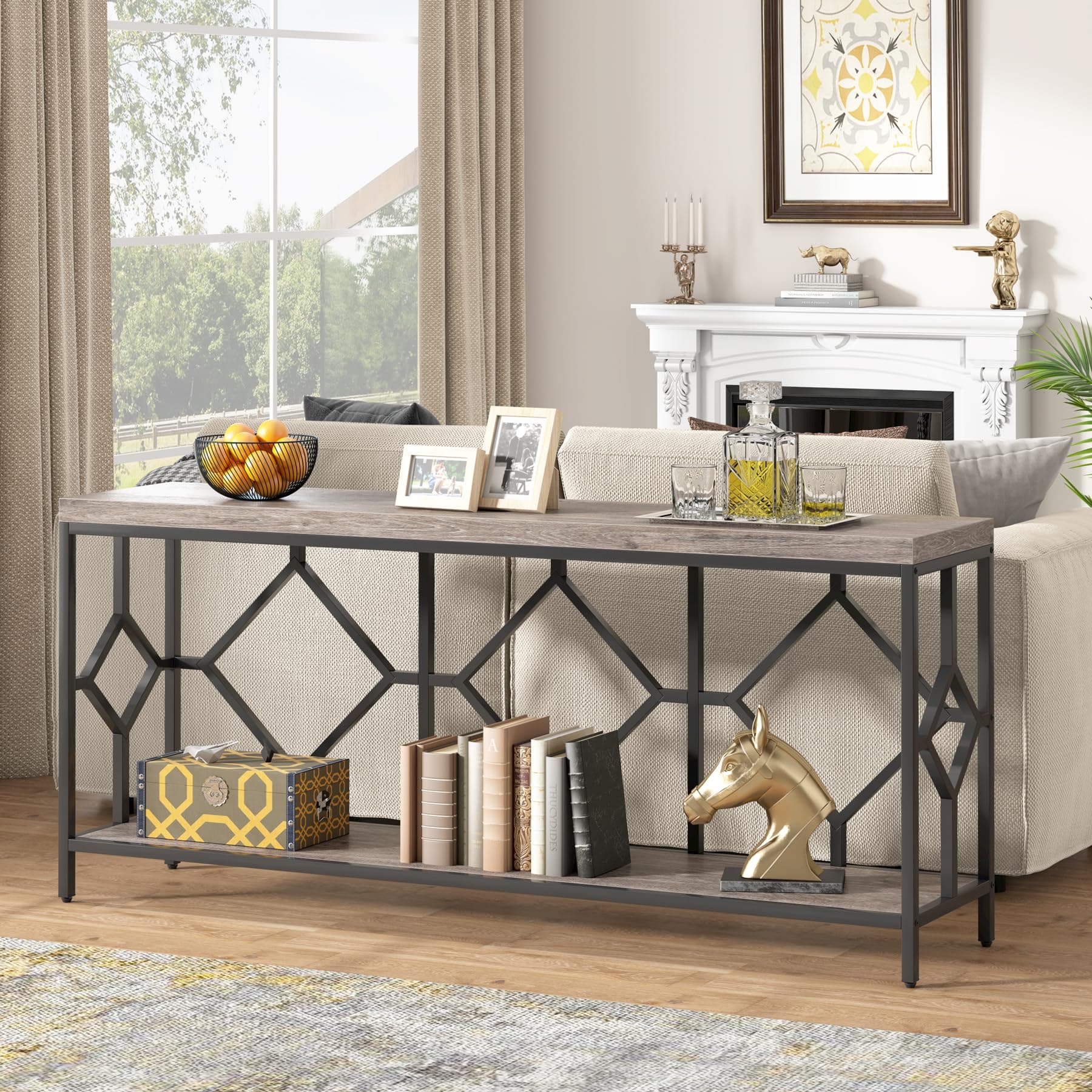 Extra Long Narrow Sofa Table with Open Storage Shelf