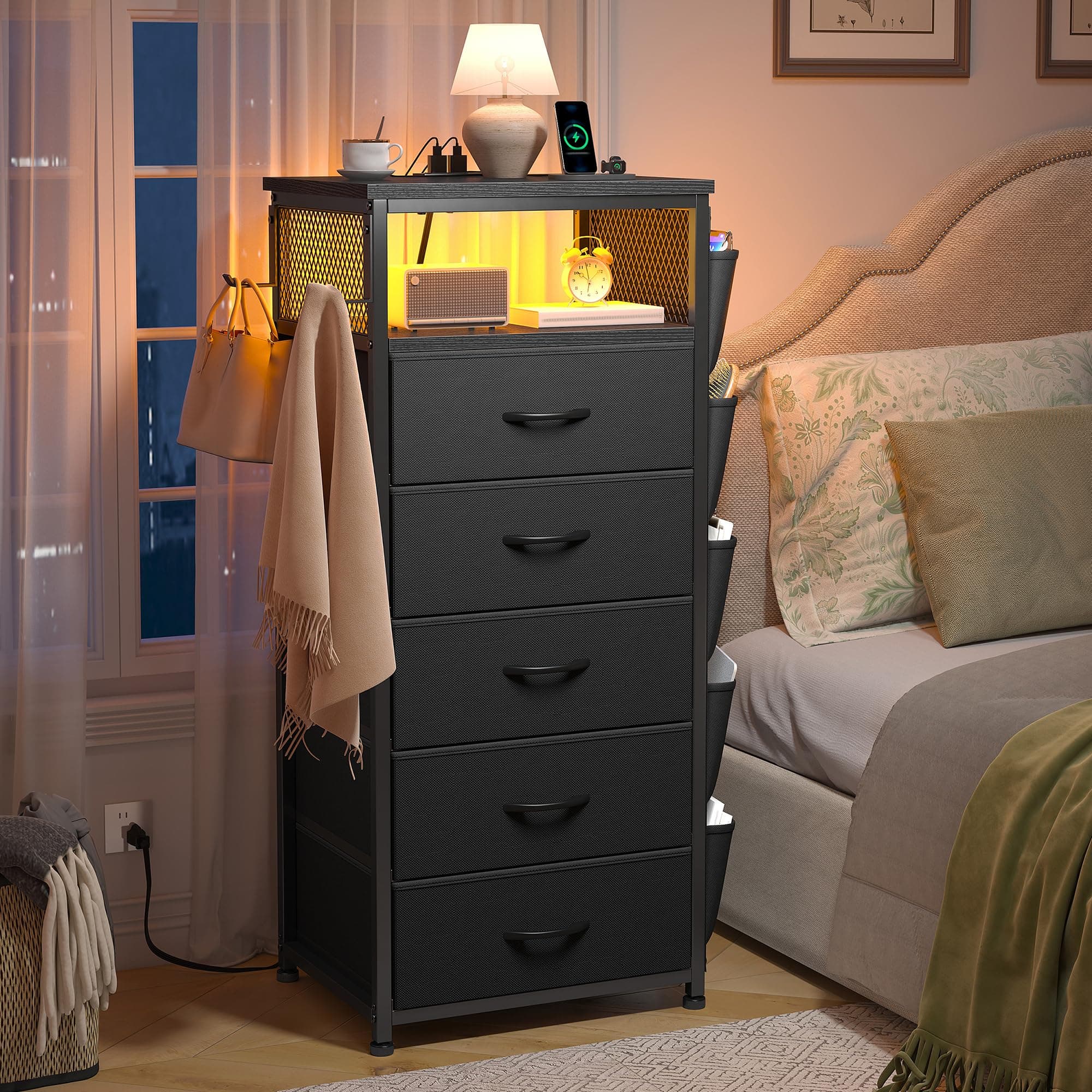 EnHomee Black Nightstand with Charging Station & 5 Drawer Dresser