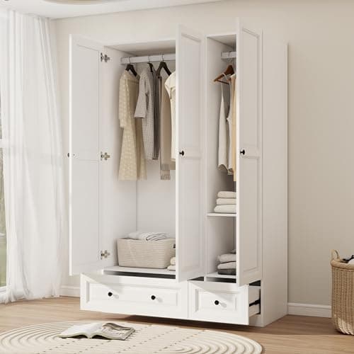 White 3-Door Wardrobe Closet with Drawers & Shelves (47")