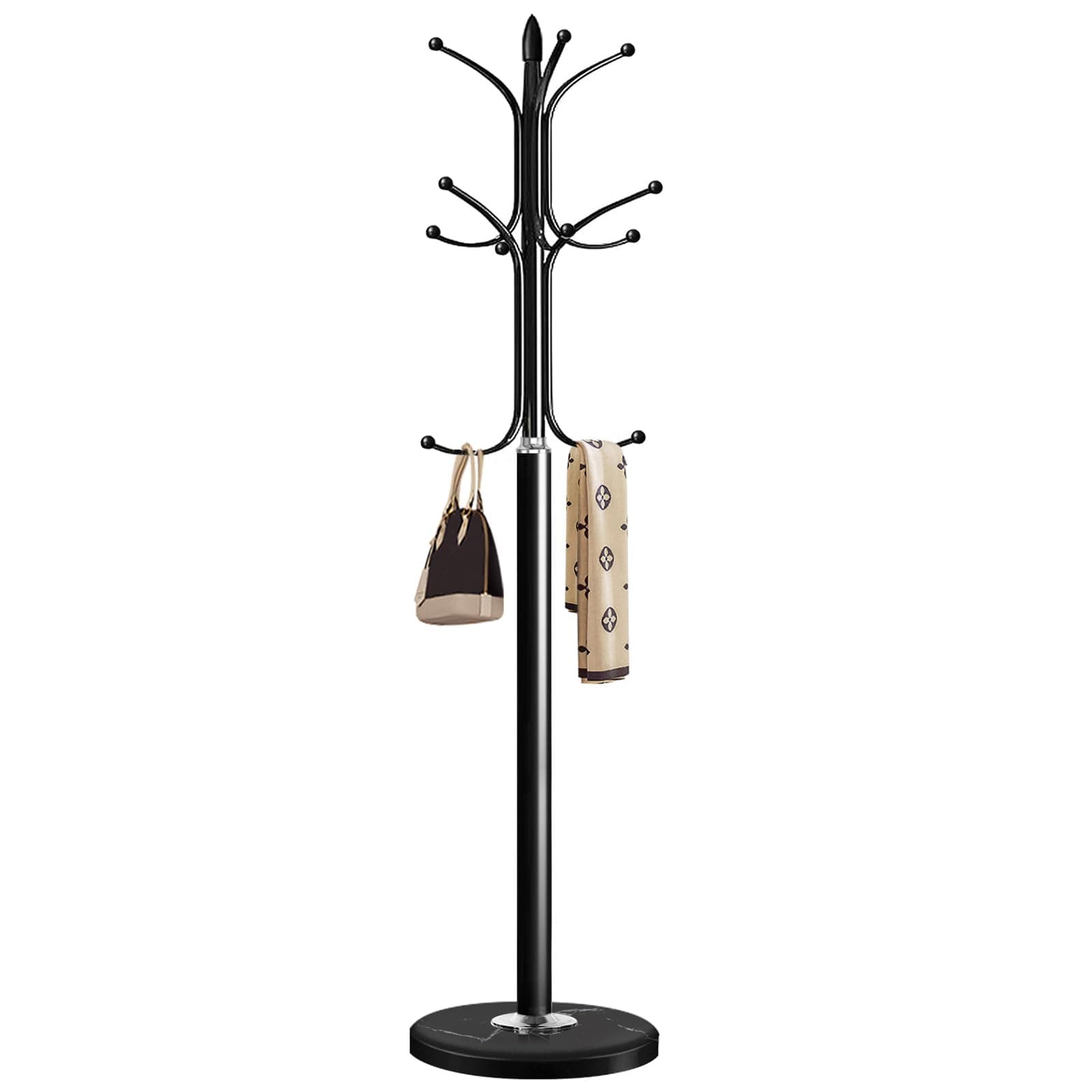 Black Freestanding Metal Coat Rack with 12 Hooks and Natural Marble Base