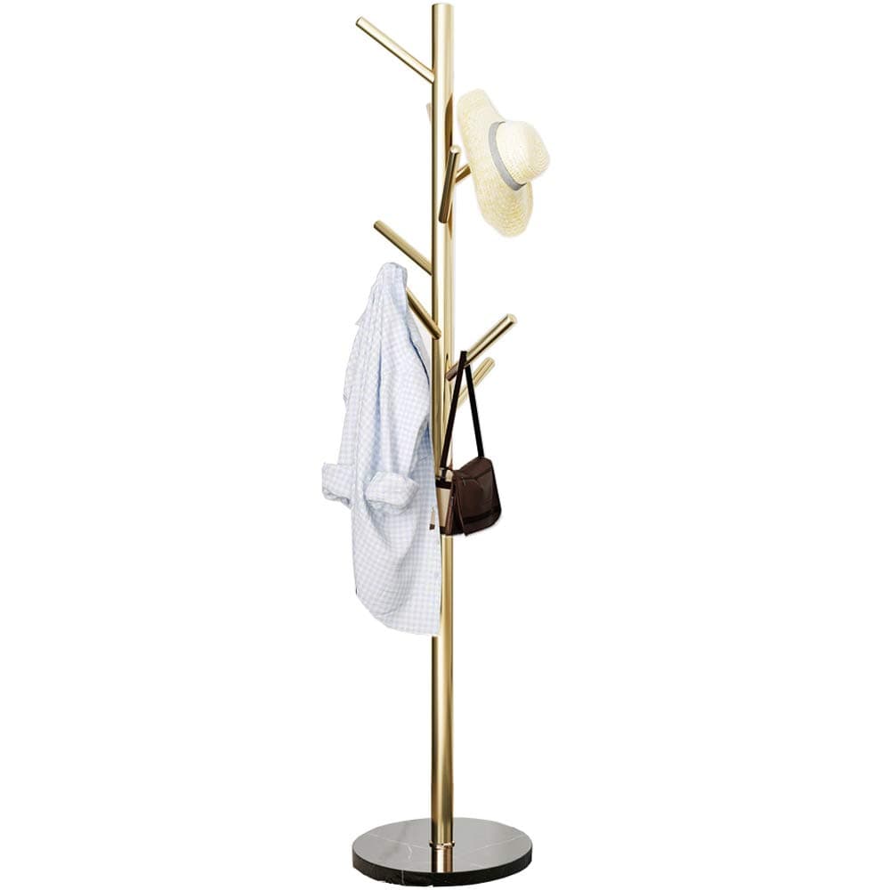 Jolitac Golden Satin Steel Coat Rack with Marble Base & Hooks