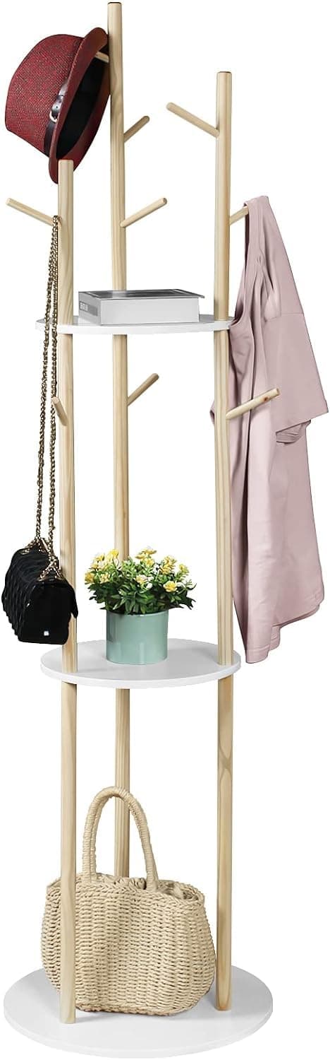 LIWSHWZ White Free Standing Coat Rack with Shelf & 9 Hooks for Home Entryway