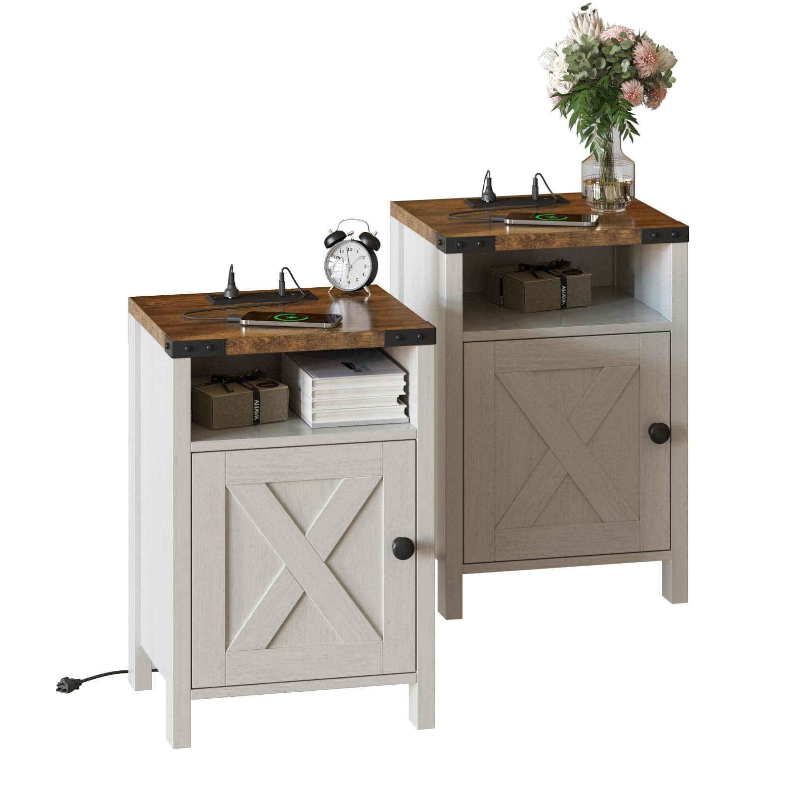 Modern White Farmhouse End Tables with Charging Station Set of 2